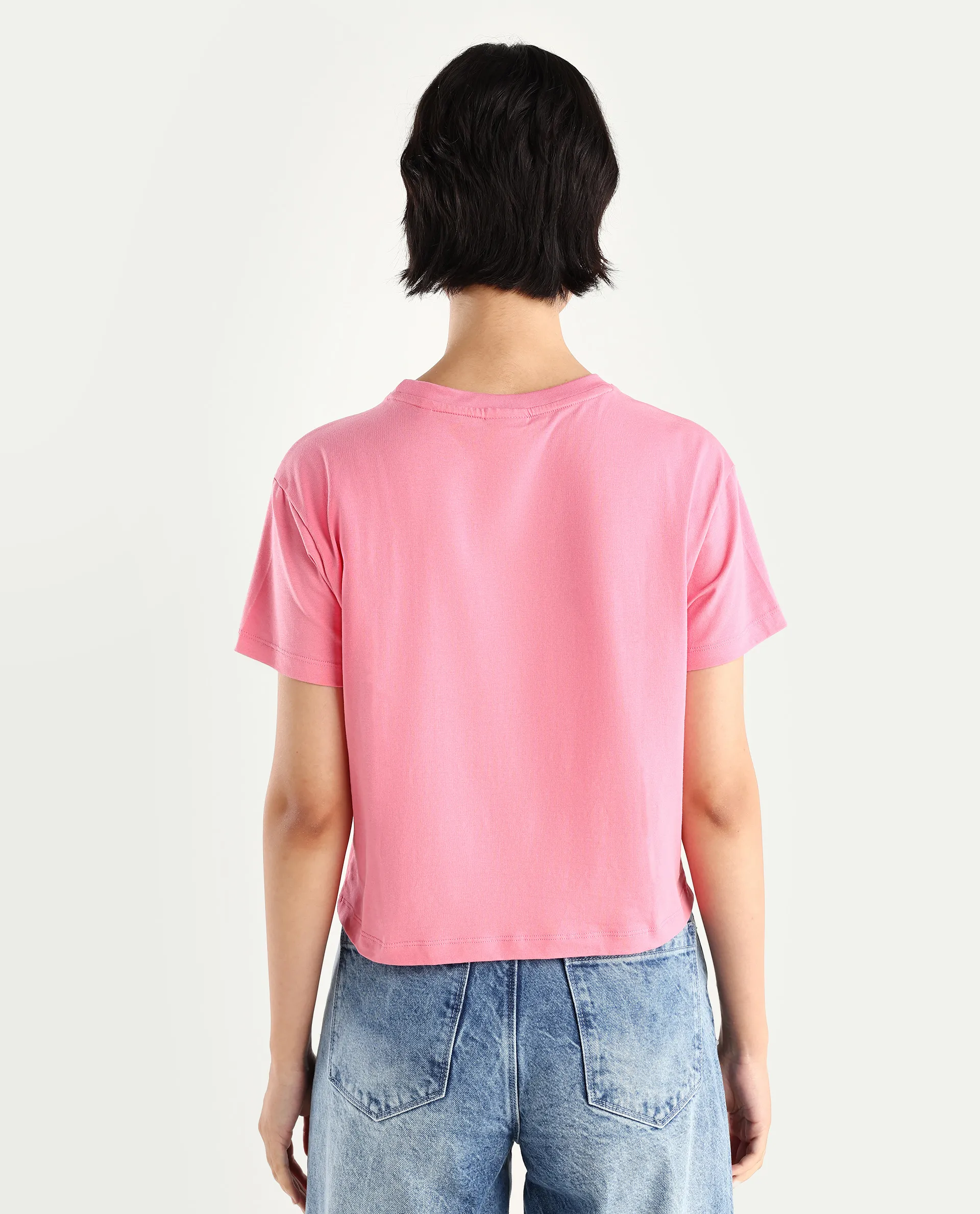 Rareism Women's Jiver Light Pink Cotton Blend Crew Neck Graphic Print Crop Relaxed Fit T-Shirt - Image 7