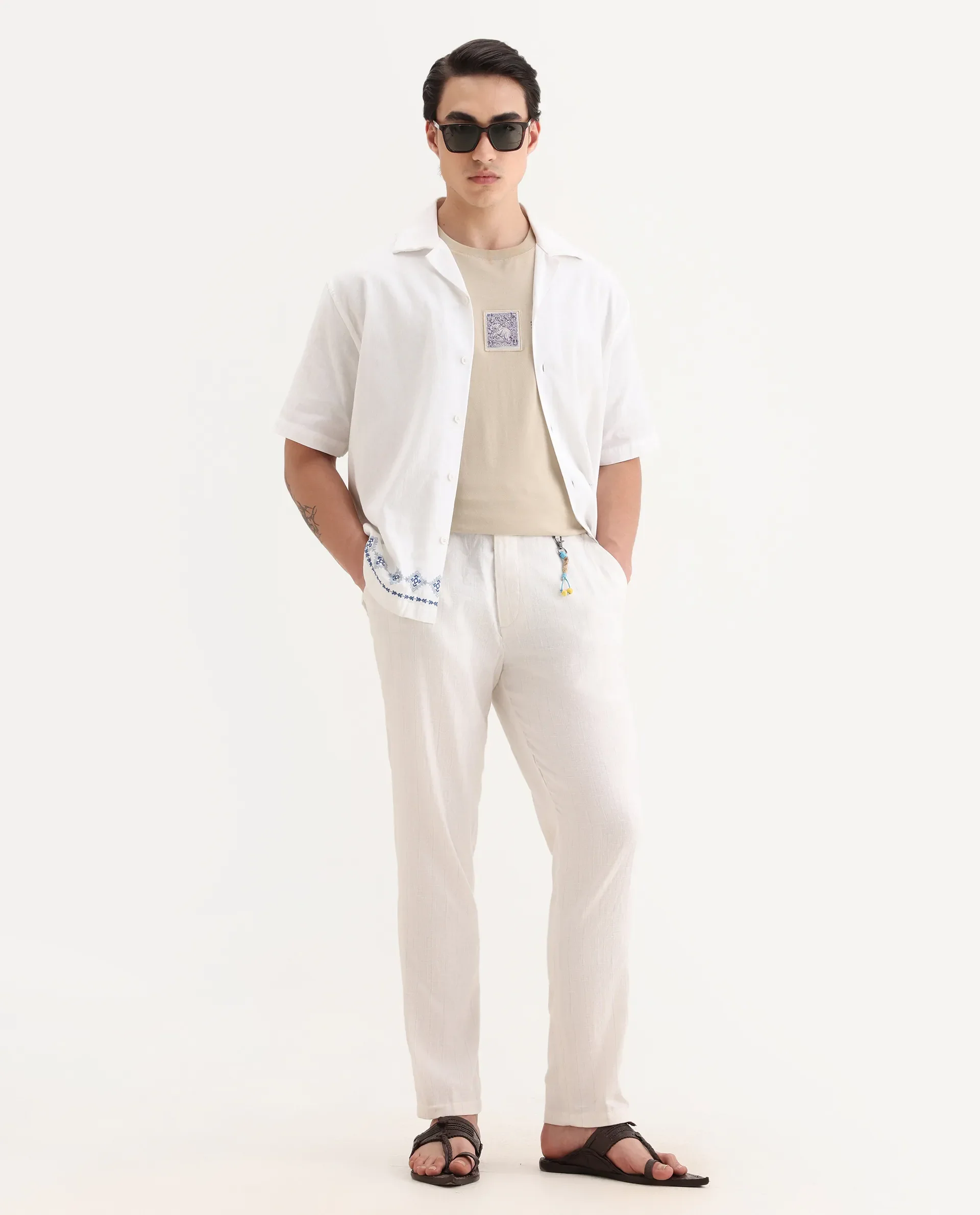 Rare Rabbit Men's Jlo Beige Cotton Blend Plain Relaxed Fit Trouser