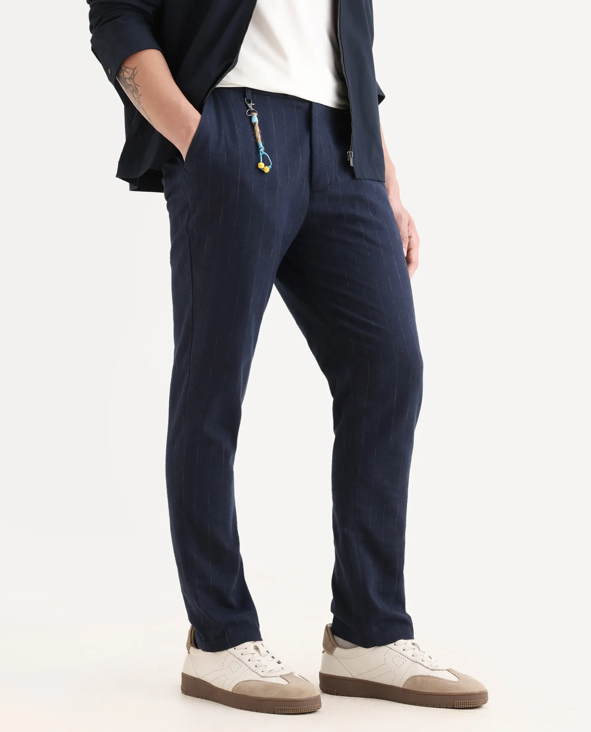 Rare Rabbit Men's Jlo Blue Cotton Blend Striped Print Relaxed Fit Trouser - Image 2