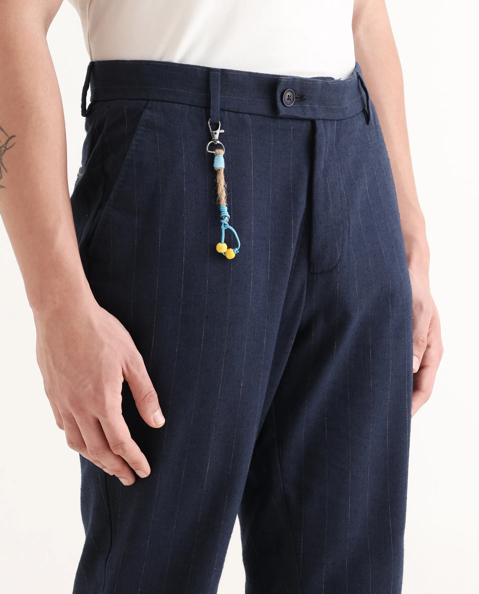 Rare Rabbit Men's Jlo Blue Cotton Blend Striped Print Relaxed Fit Trouser - Image 3