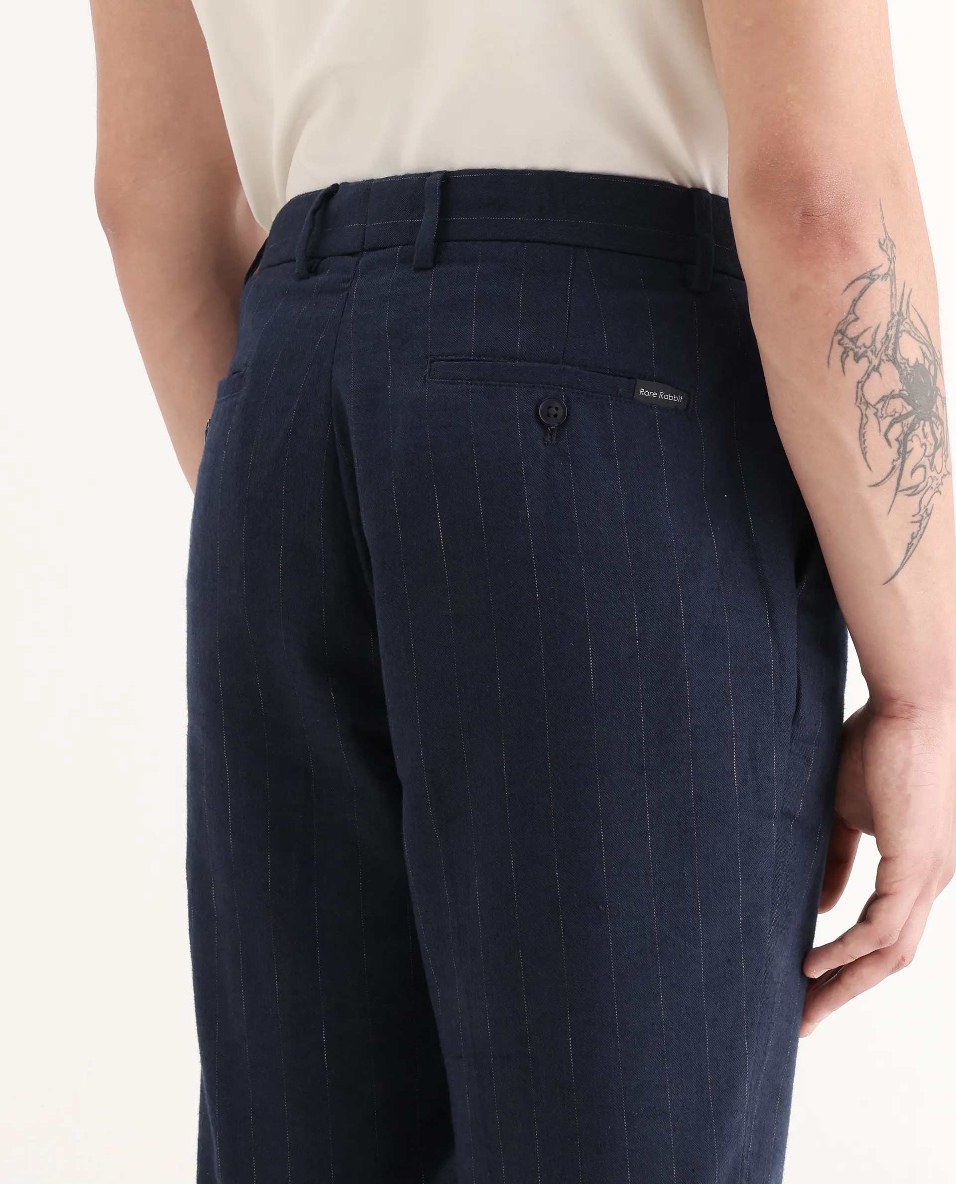 Rare Rabbit Men's Jlo Blue Cotton Blend Striped Print Relaxed Fit Trouser - Image 7