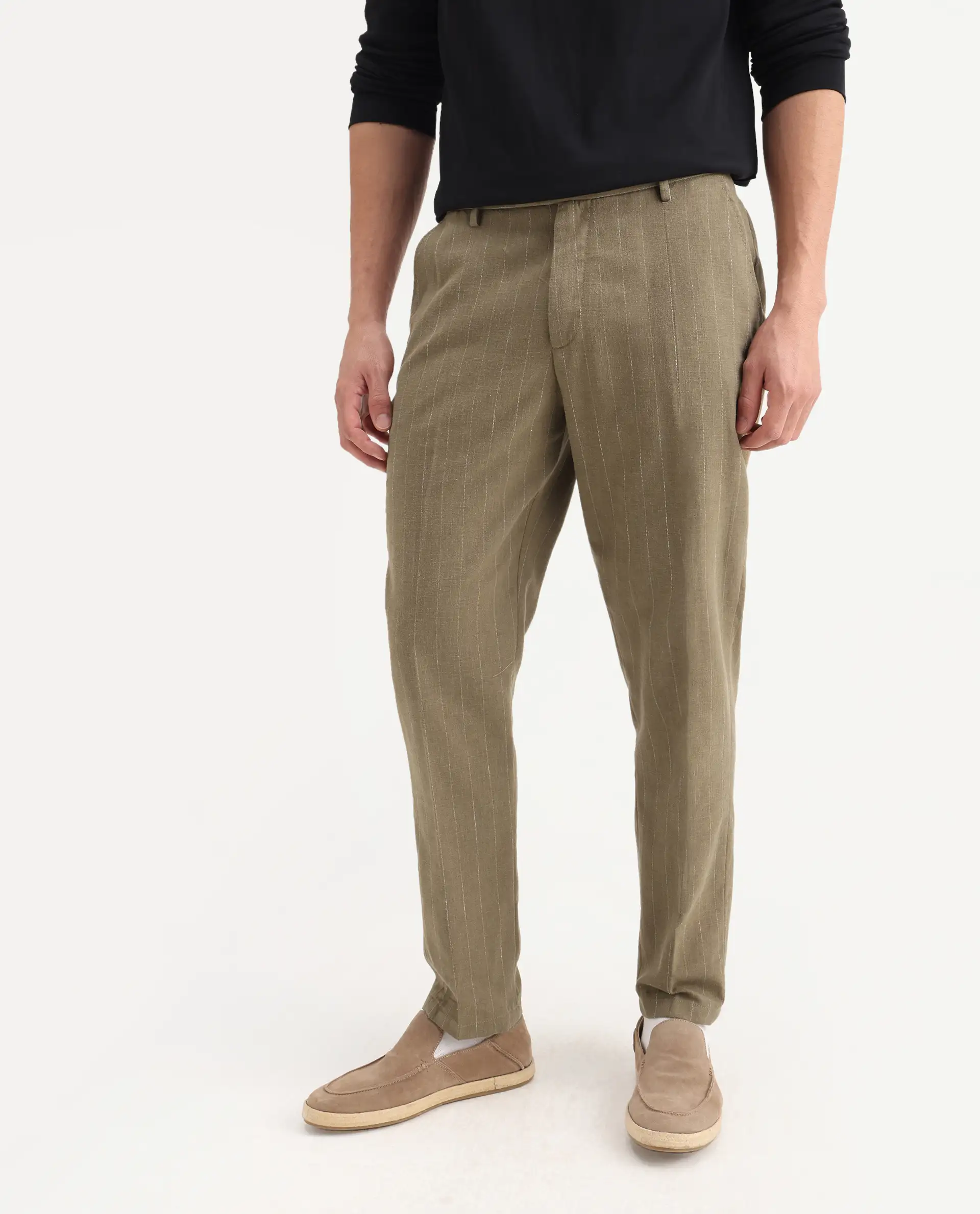 Rare Rabbit Men's Jlo Khaki Cotton Blend Striped Print Relaxed Fit Trouser - Image 2