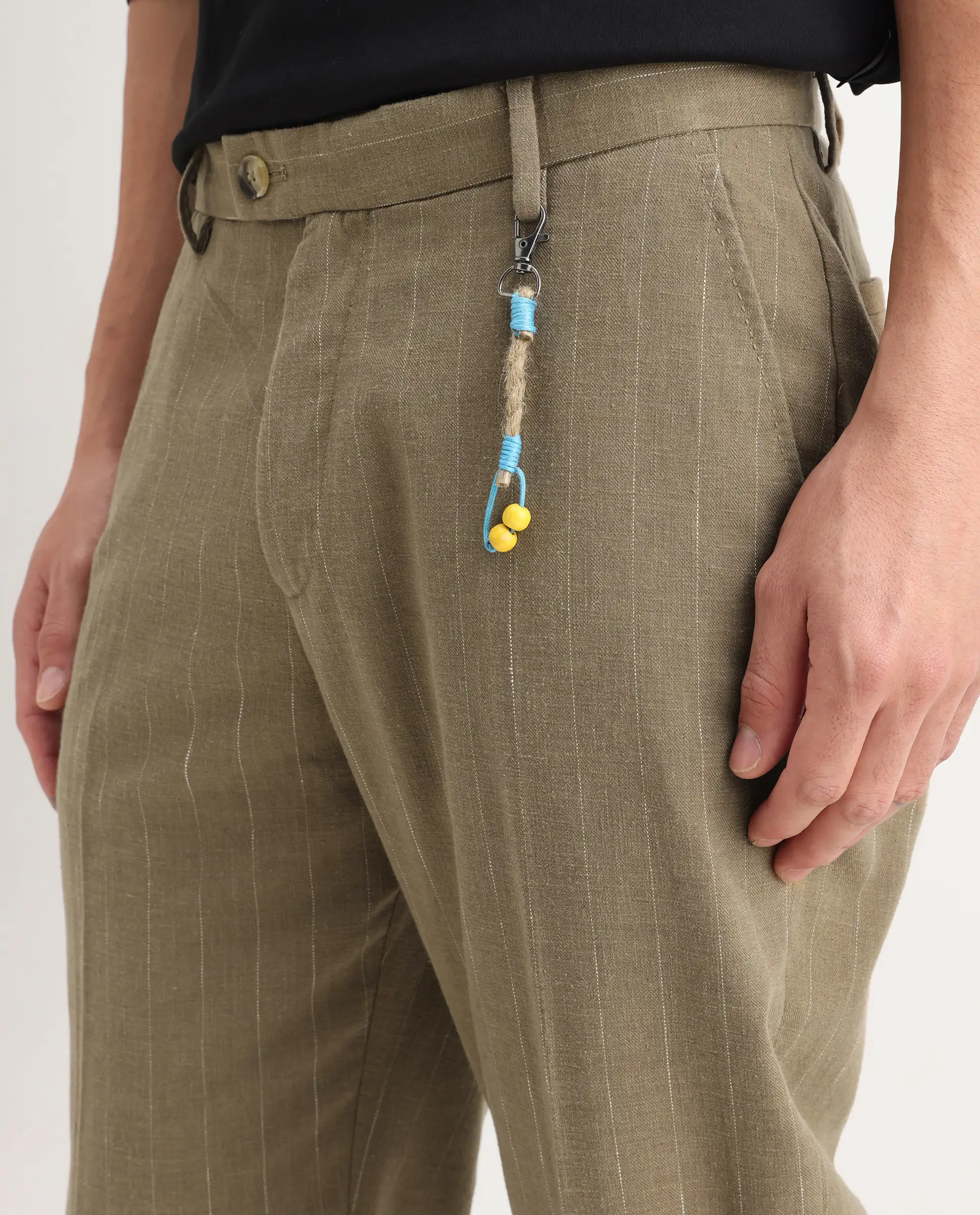 Rare Rabbit Men's Jlo Khaki Cotton Blend Striped Print Relaxed Fit Trouser - Image 3