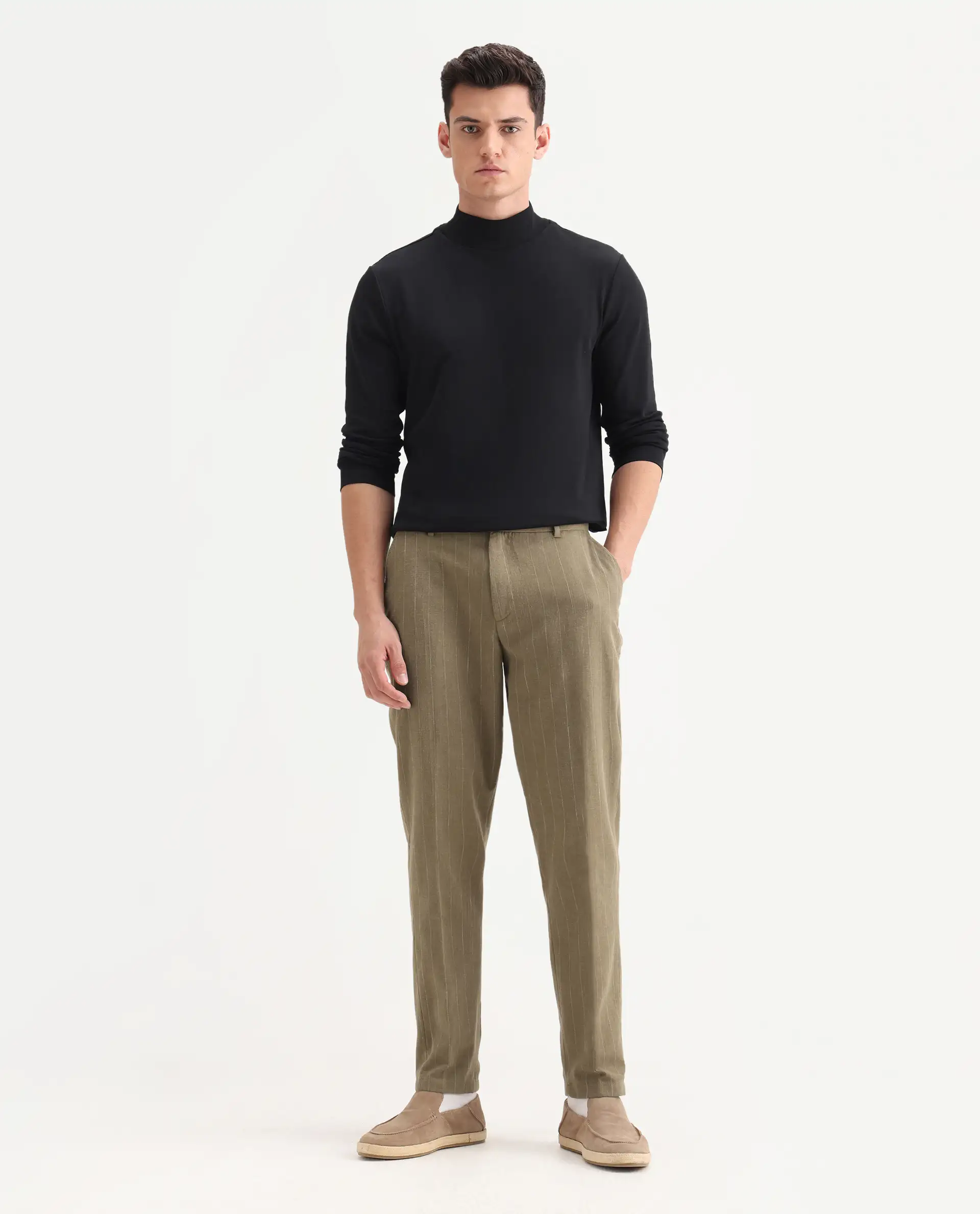 Rare Rabbit Men's Jlo Khaki Cotton Blend Striped Print Relaxed Fit Trouser - Image 4