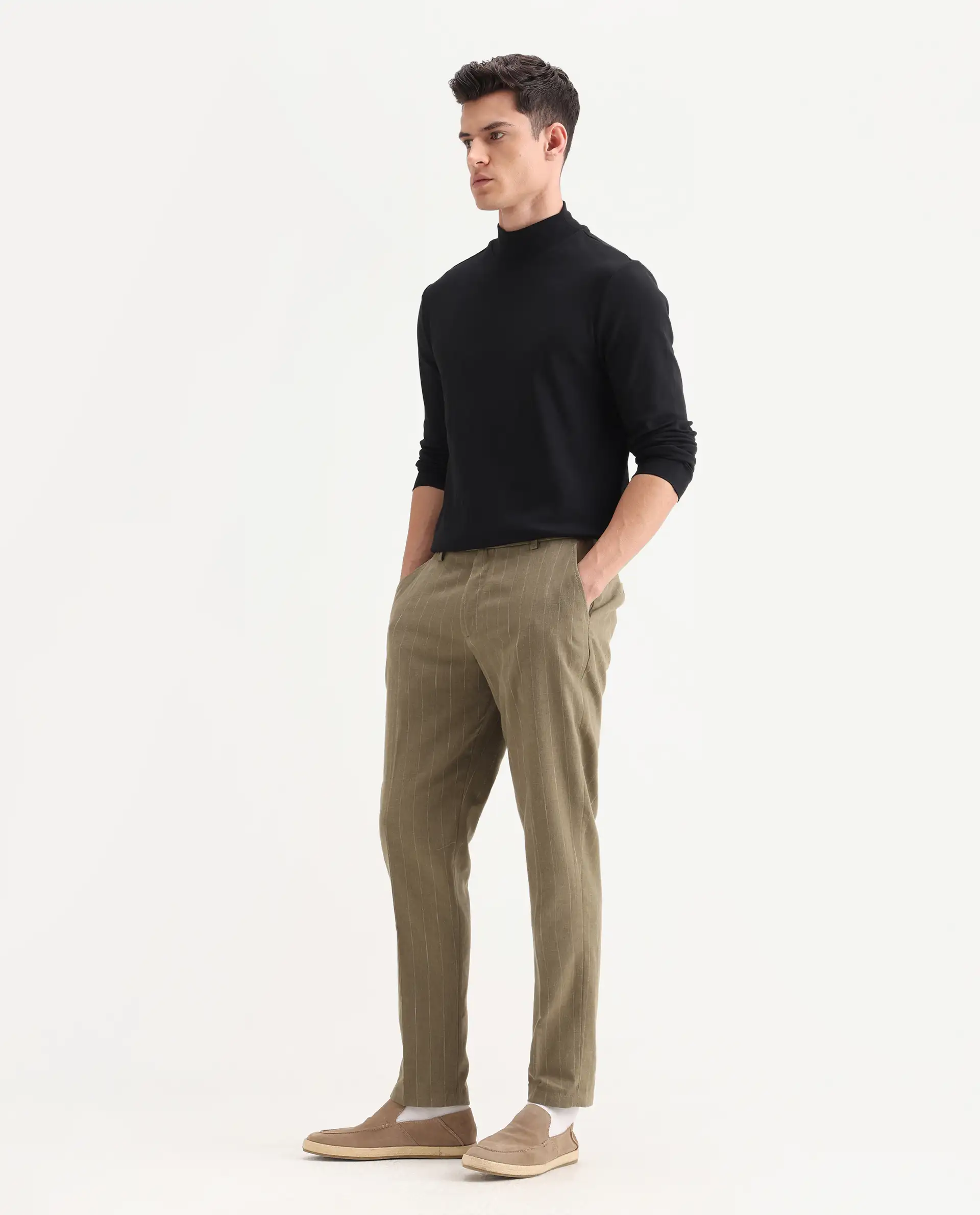 Rare Rabbit Men's Jlo Khaki Cotton Blend Striped Print Relaxed Fit Trouser - Image 5