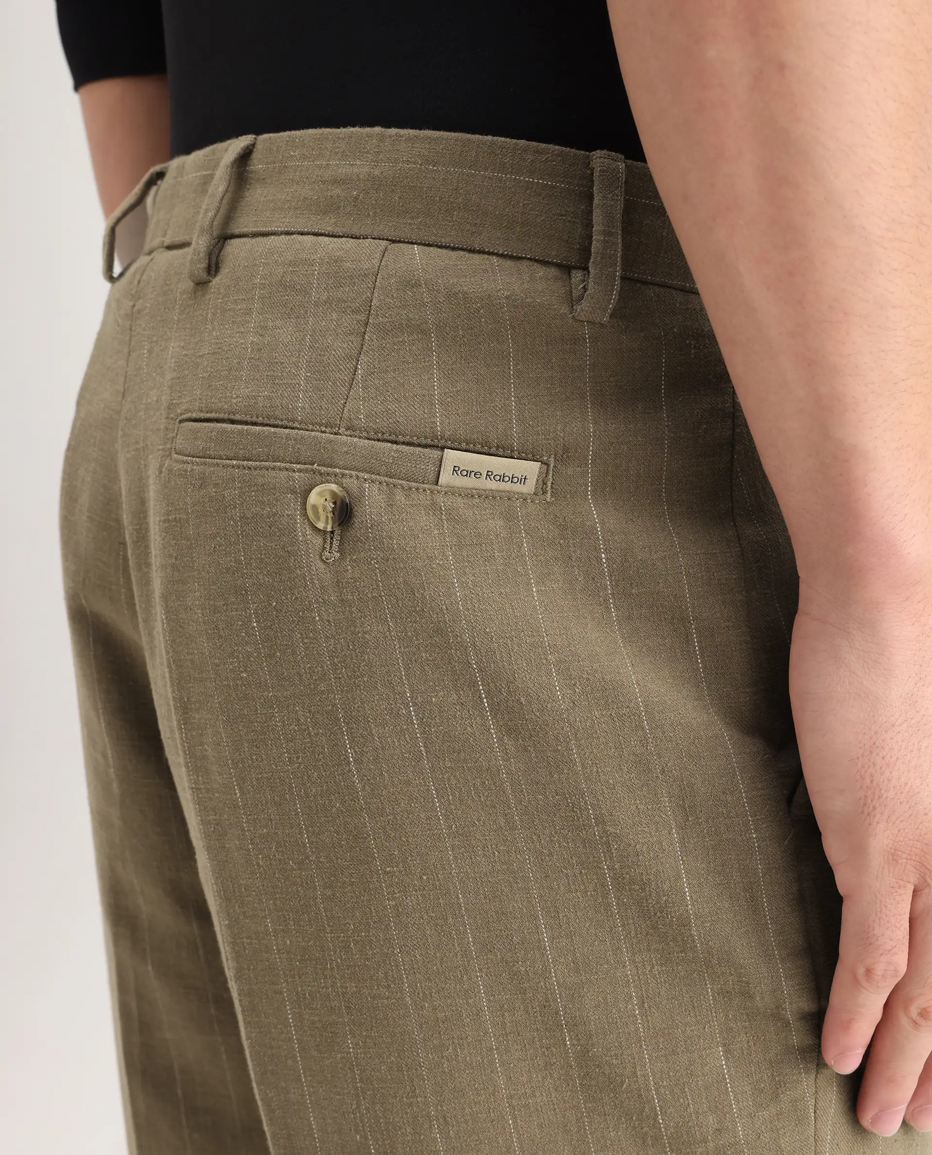 Rare Rabbit Men's Jlo Khaki Cotton Blend Striped Print Relaxed Fit Trouser - Image 6