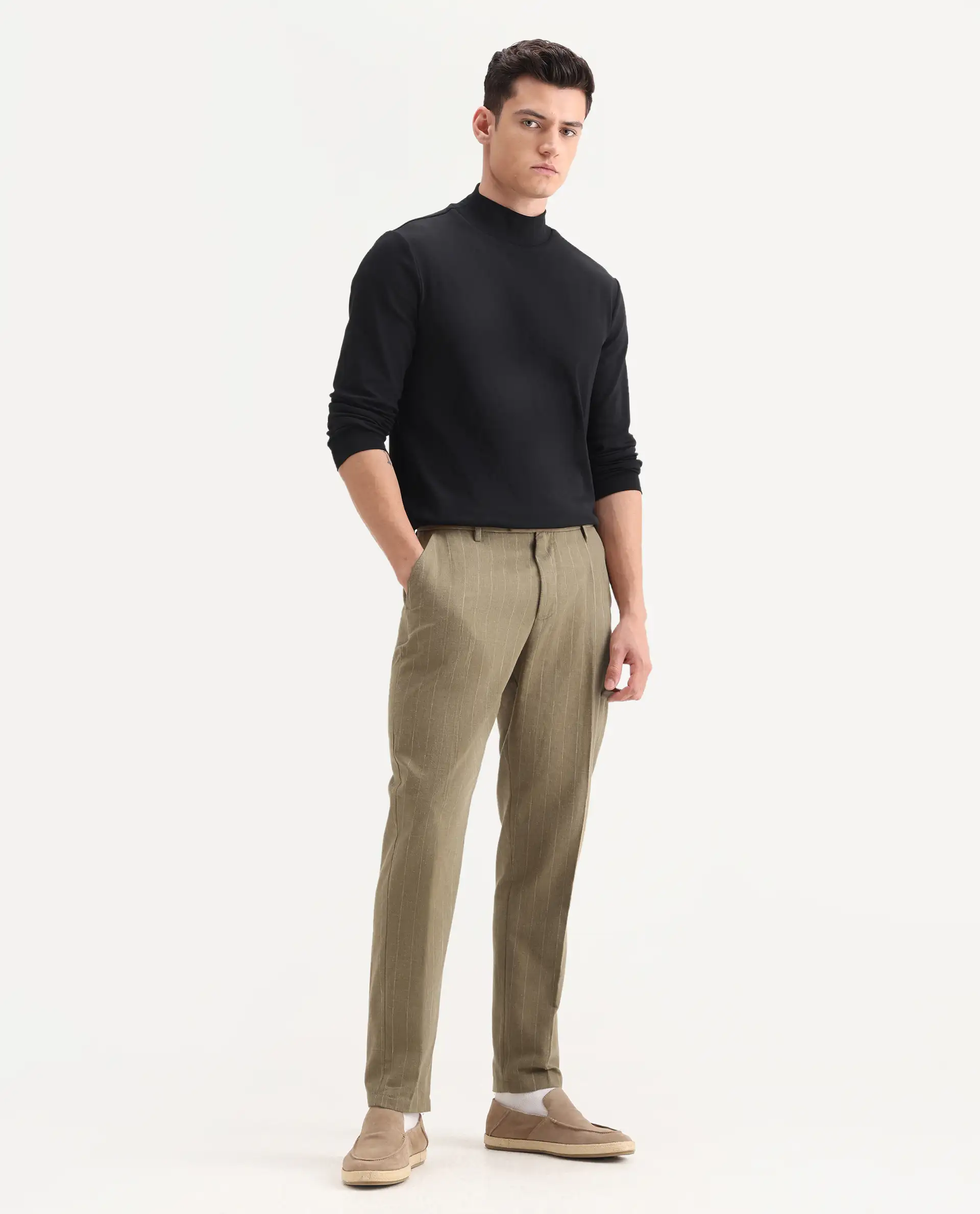 Rare Rabbit Men's Jlo Khaki Cotton Blend Striped Print Relaxed Fit Trouser - Image 7