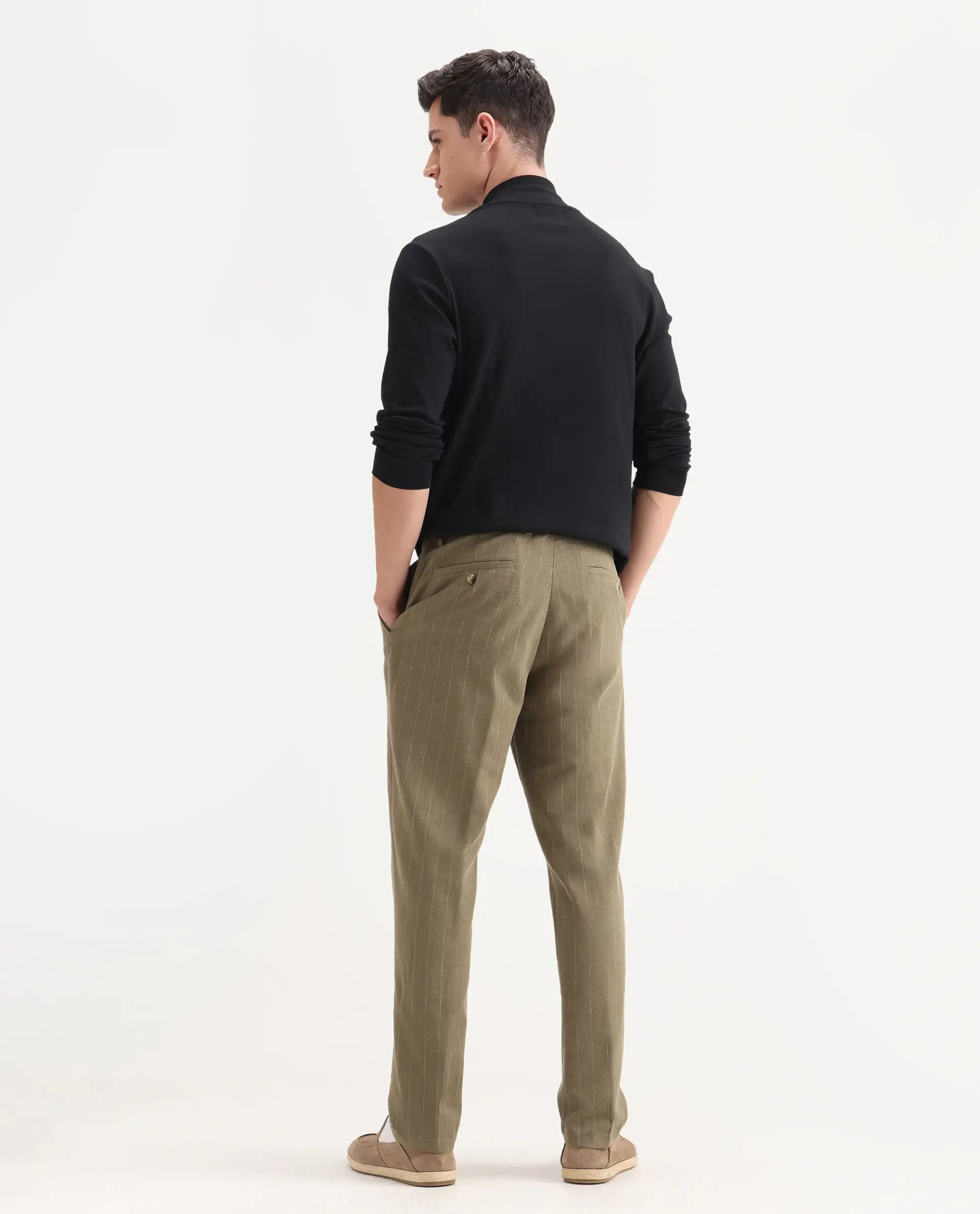 Rare Rabbit Men's Jlo Khaki Cotton Blend Striped Print Relaxed Fit Trouser - Image 8