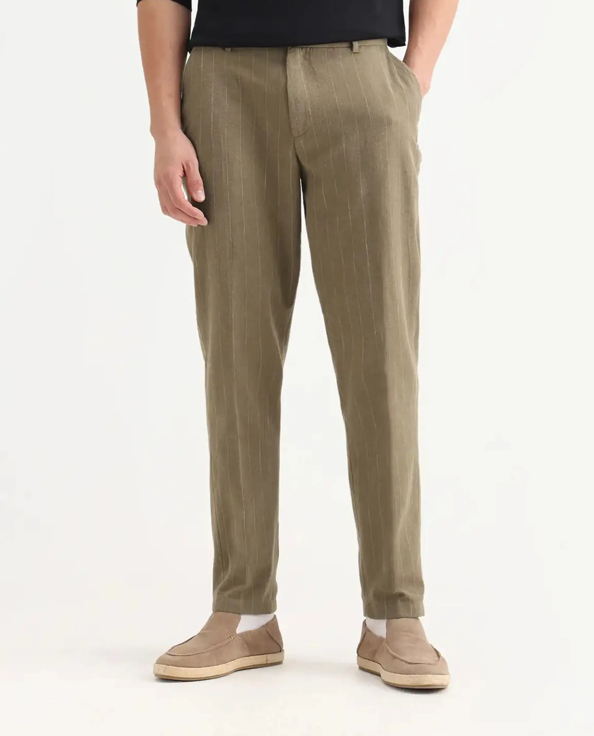 Rare Rabbit Men's Jlo Khaki Cotton Blend Striped Print Relaxed Fit Trouser - Image 9