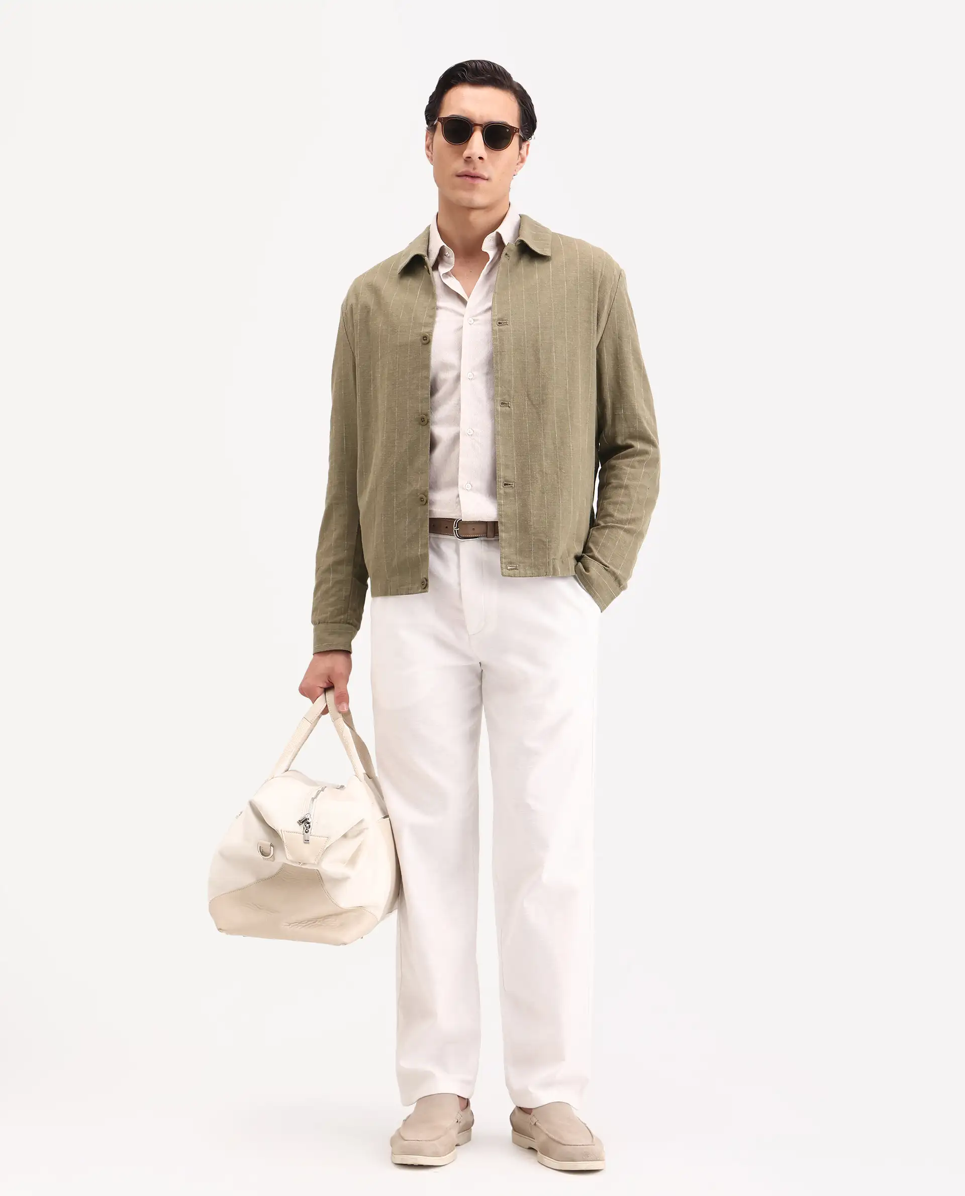 Rare Rabbit Men's Jlo-S-26 Khaki Linen Blend Fabric Full Sleeve Collar Regular Fit Striped Shacket - Image 2