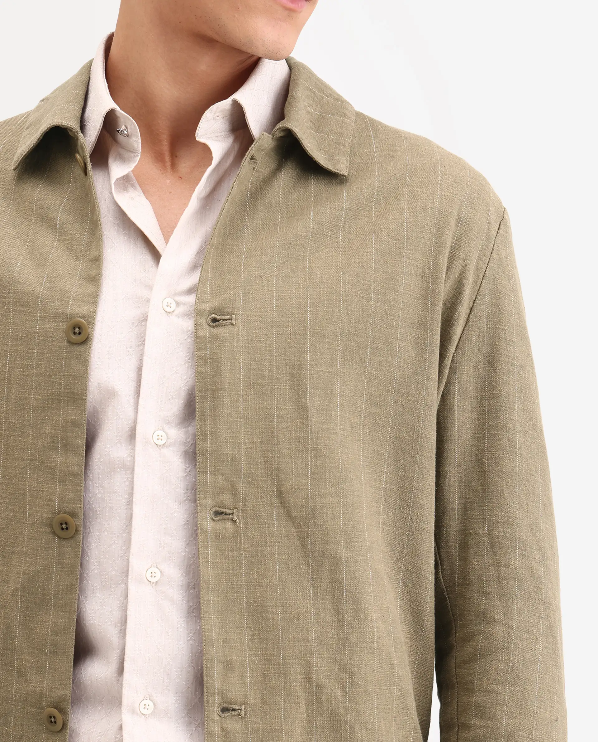 Rare Rabbit Men's Jlo-S-26 Khaki Linen Blend Fabric Full Sleeve Collar Regular Fit Striped Shacket - Image 3