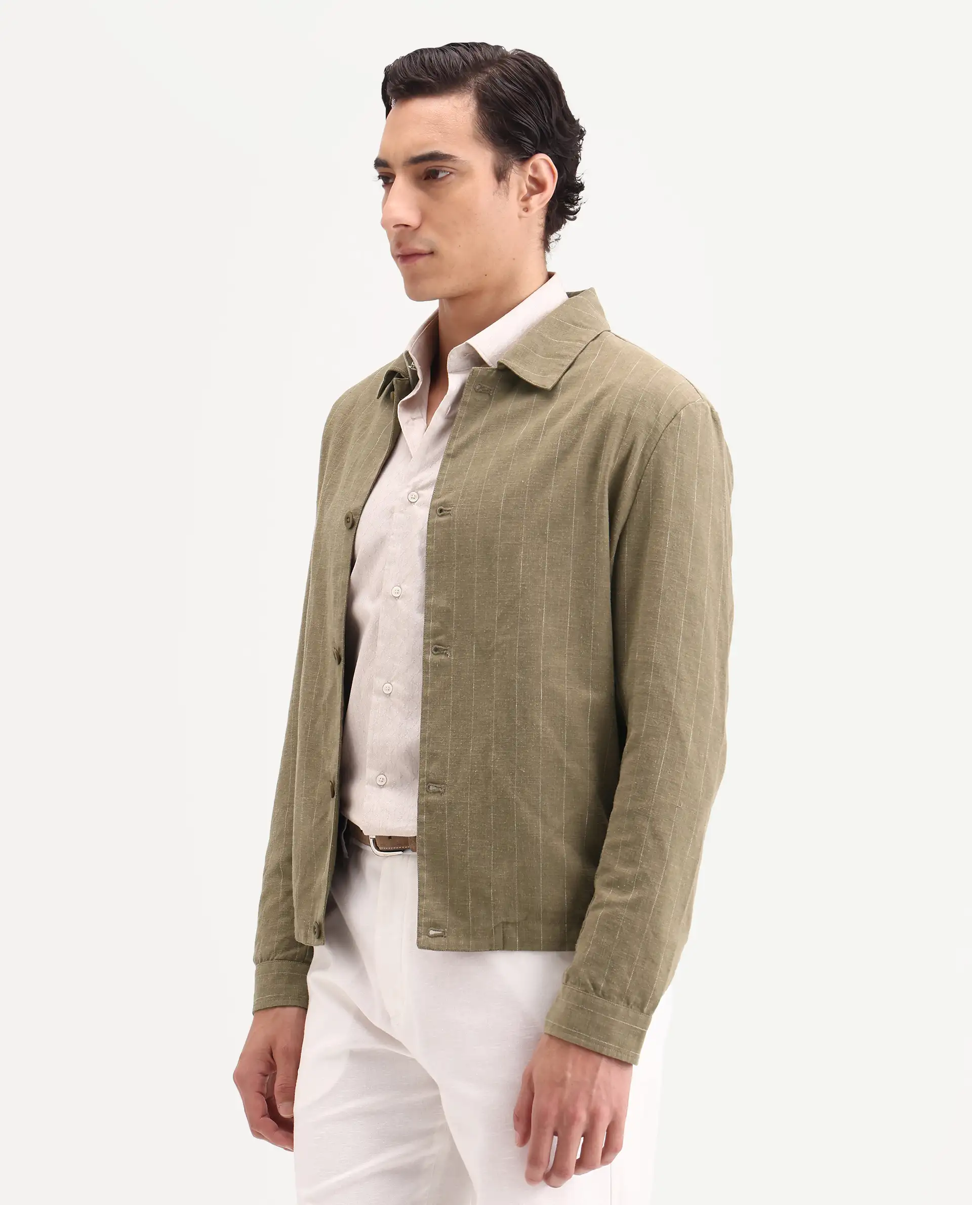 Rare Rabbit Men's Jlo-S-26 Khaki Linen Blend Fabric Full Sleeve Collar Regular Fit Striped Shacket - Image 4