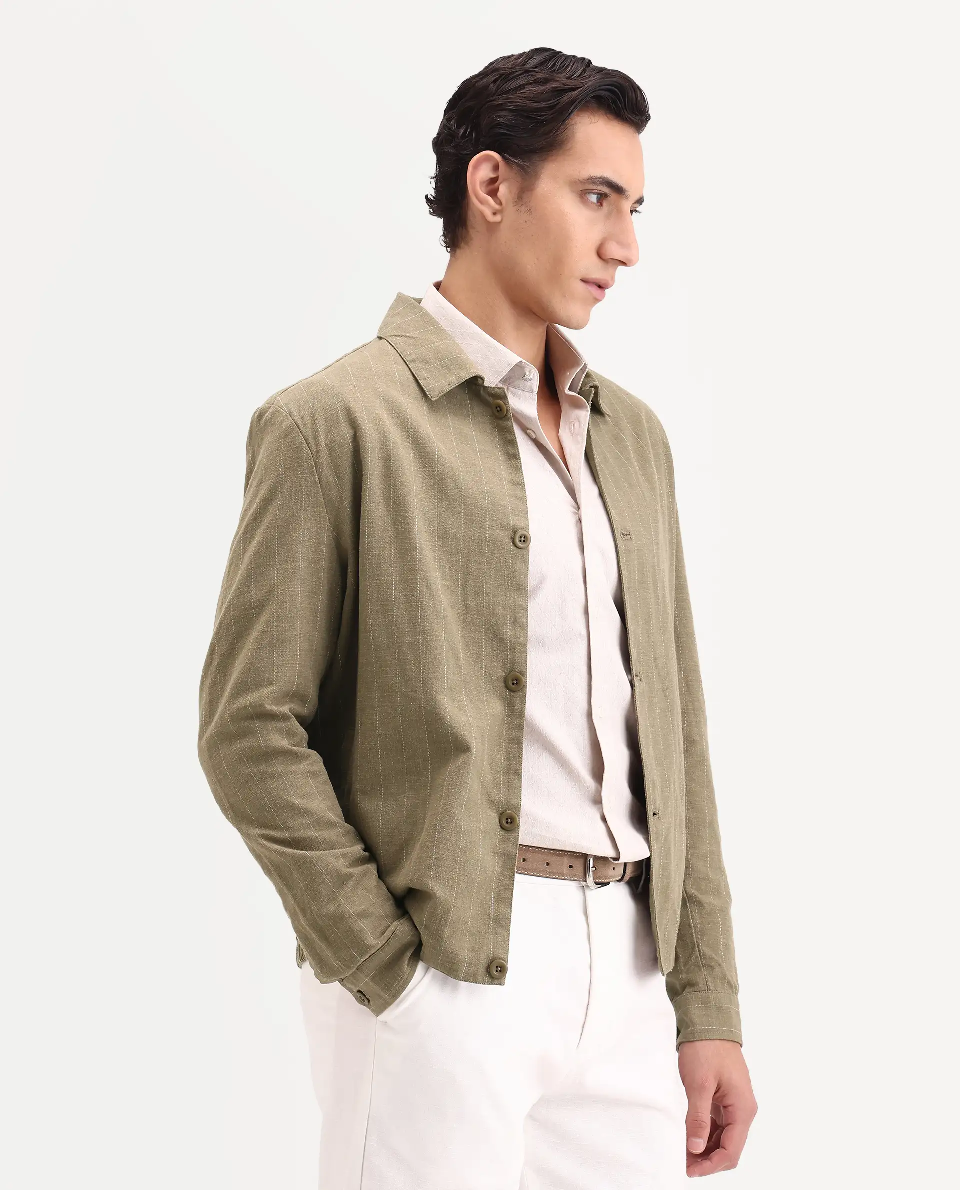 Rare Rabbit Men's Jlo-S-26 Khaki Linen Blend Fabric Full Sleeve Collar Regular Fit Striped Shacket - Image 5