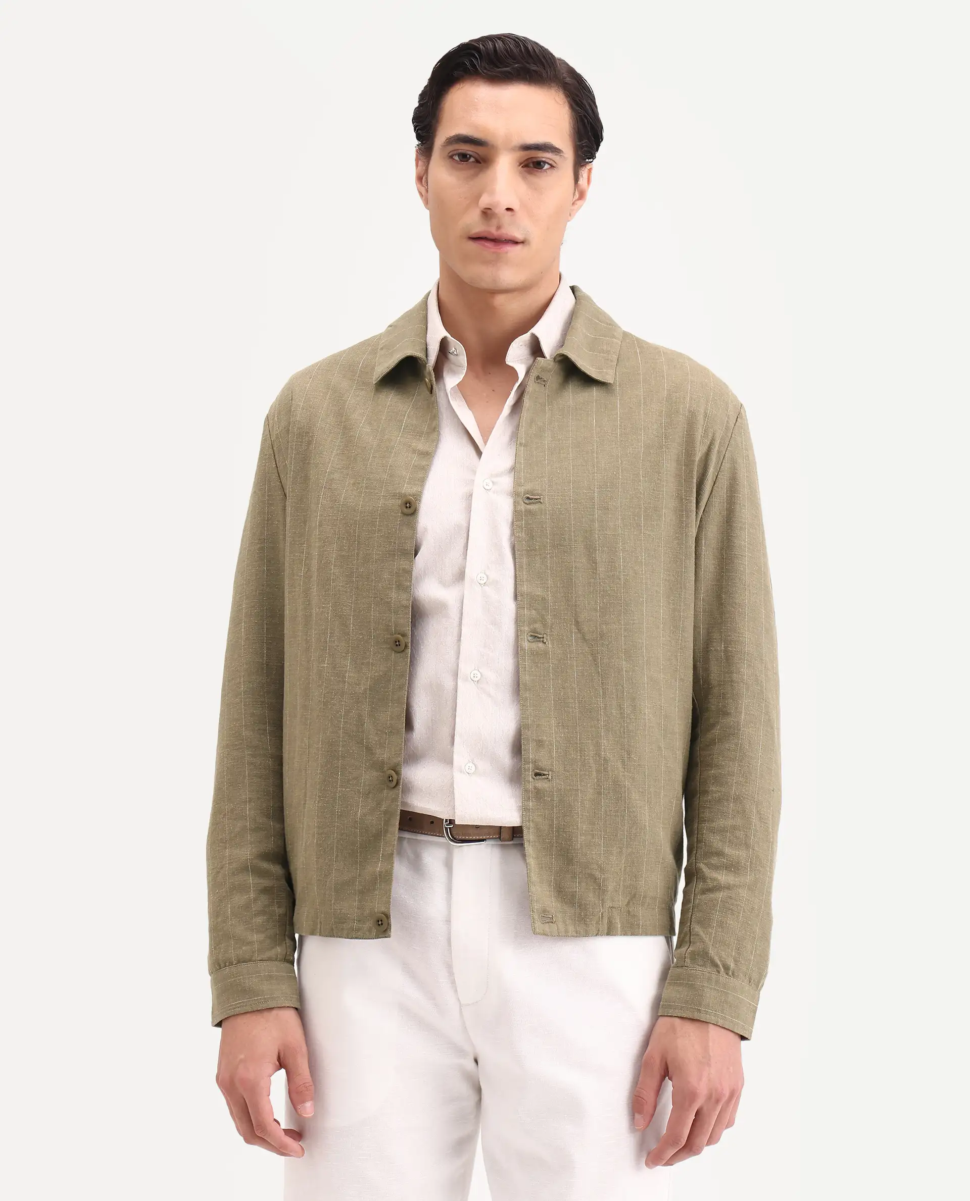Rare Rabbit Men's Jlo-S-26 Khaki Linen Blend Fabric Full Sleeve Collar Regular Fit Striped Shacket - Image 6