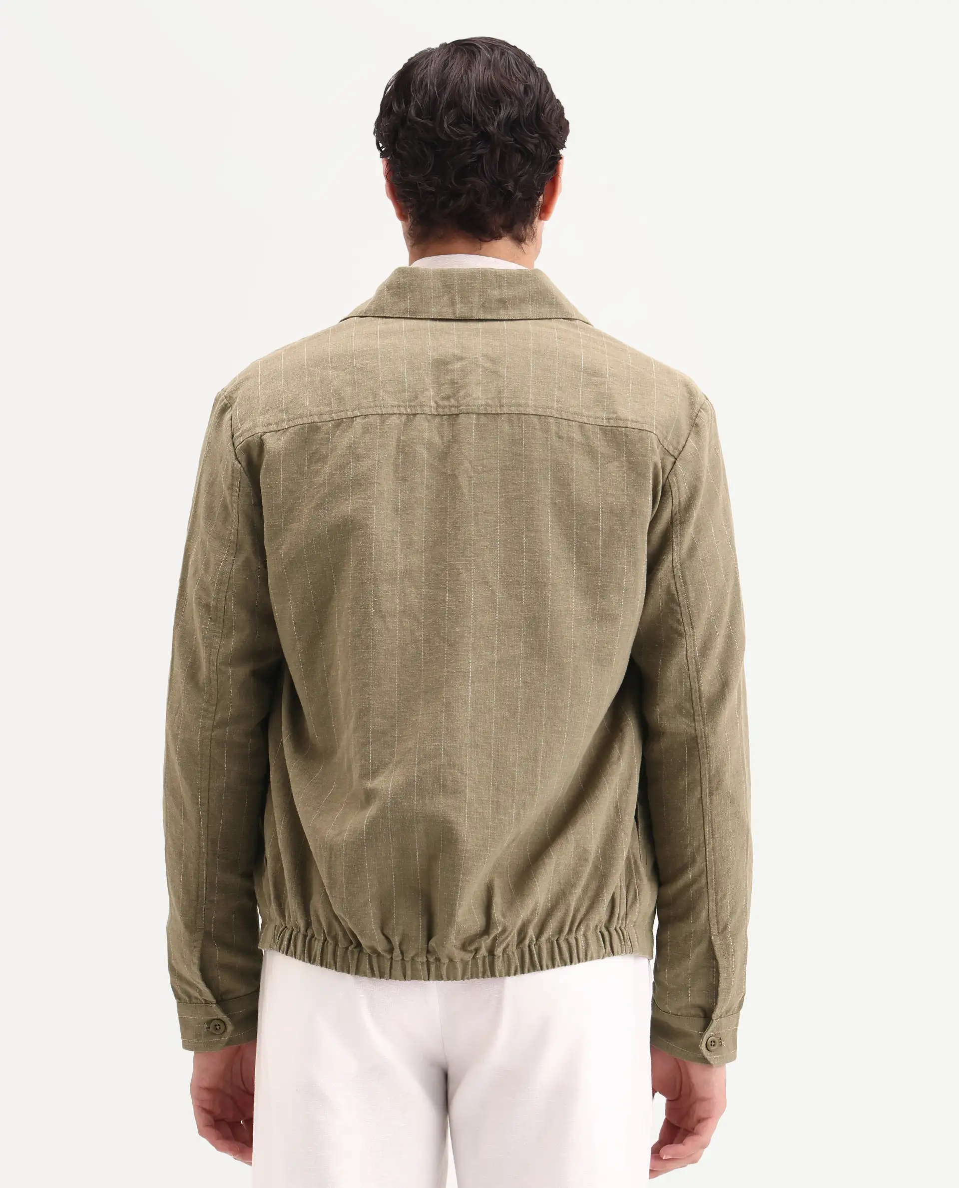 Rare Rabbit Men's Jlo-S-26 Khaki Linen Blend Fabric Full Sleeve Collar Regular Fit Striped Shacket - Image 7