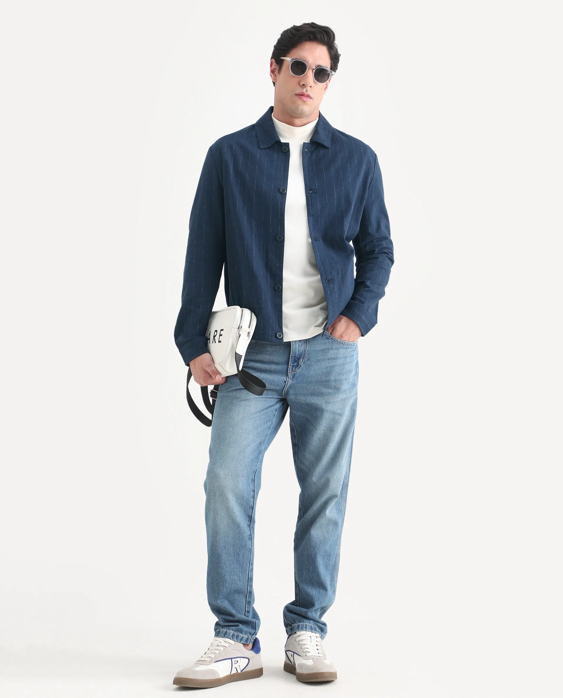 Rare Rabbit Men's Jlo-S-26 Navy Linen Blend Fabric Full Sleeve Collar Regular Fit Striped Shacket - Image 2