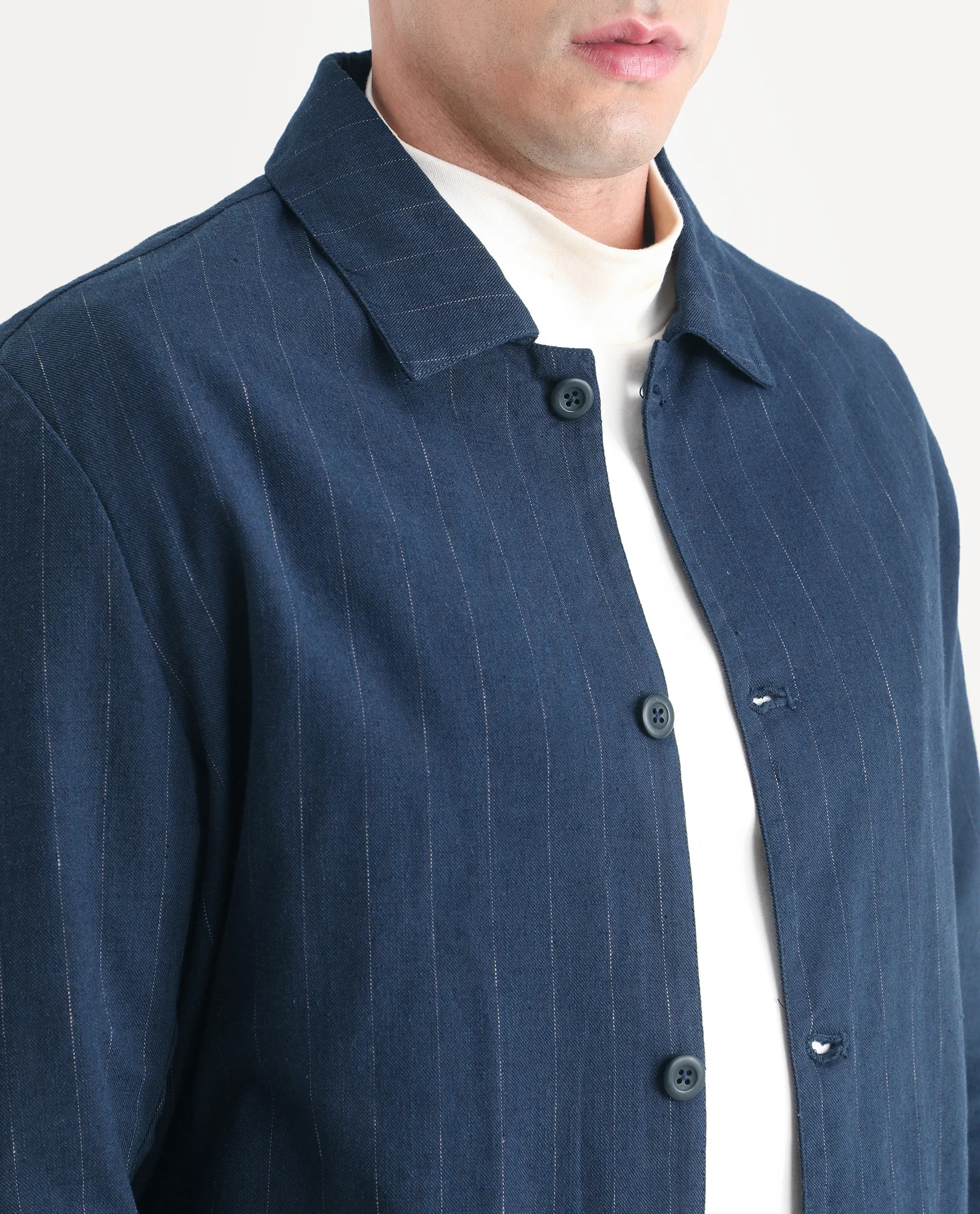Rare Rabbit Men's Jlo-S-26 Navy Linen Blend Fabric Full Sleeve Collar Regular Fit Striped Shacket - Image 3