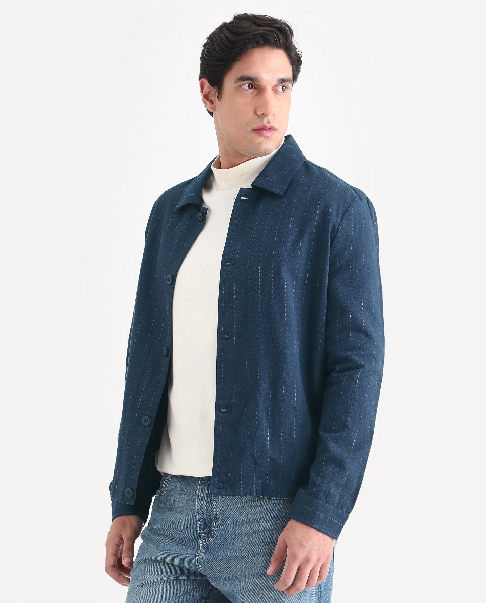 Rare Rabbit Men's Jlo-S-26 Navy Linen Blend Fabric Full Sleeve Collar Regular Fit Striped Shacket - Image 4