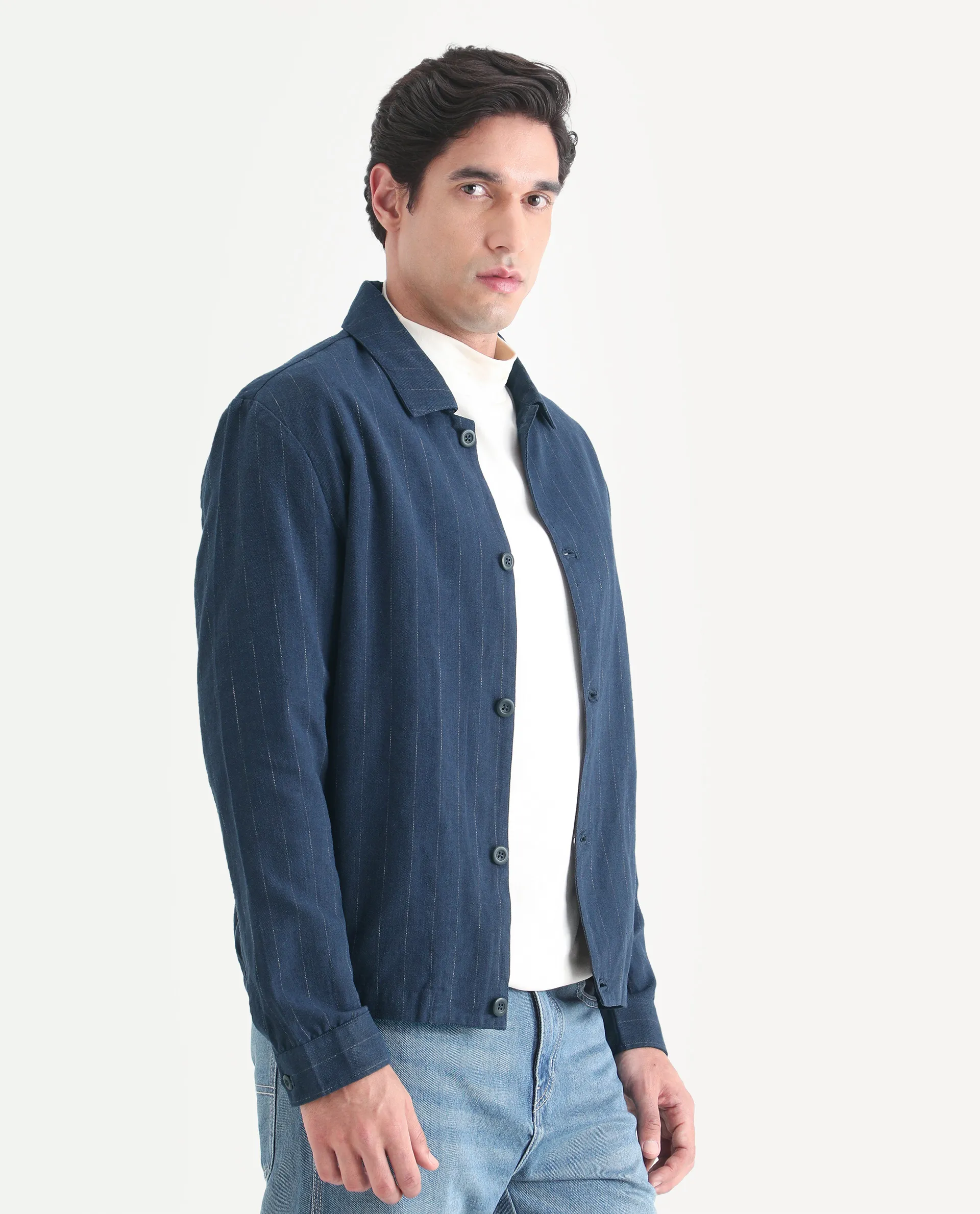 Rare Rabbit Men's Jlo-S-26 Navy Linen Blend Fabric Full Sleeve Collar Regular Fit Striped Shacket - Image 5
