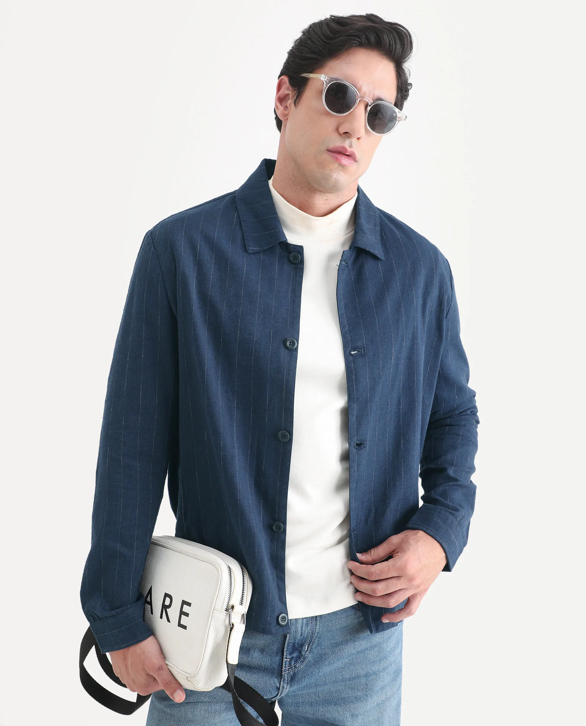 Rare Rabbit Men's Jlo-S-26 Navy Linen Blend Fabric Full Sleeve Collar Regular Fit Striped Shacket - Image 6