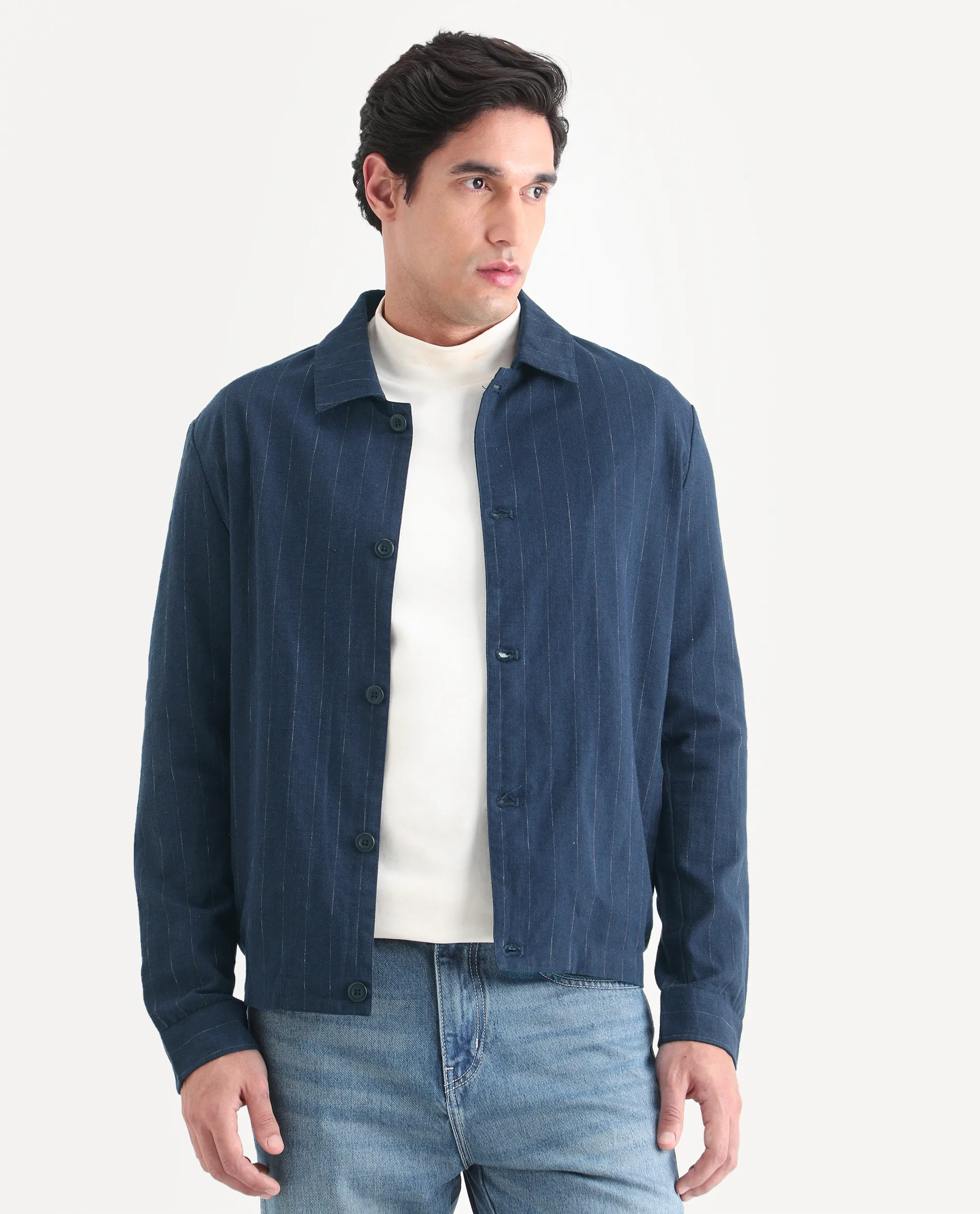 Rare Rabbit Men's Jlo-S-26 Navy Linen Blend Fabric Full Sleeve Collar Regular Fit Striped Shacket - Image 7