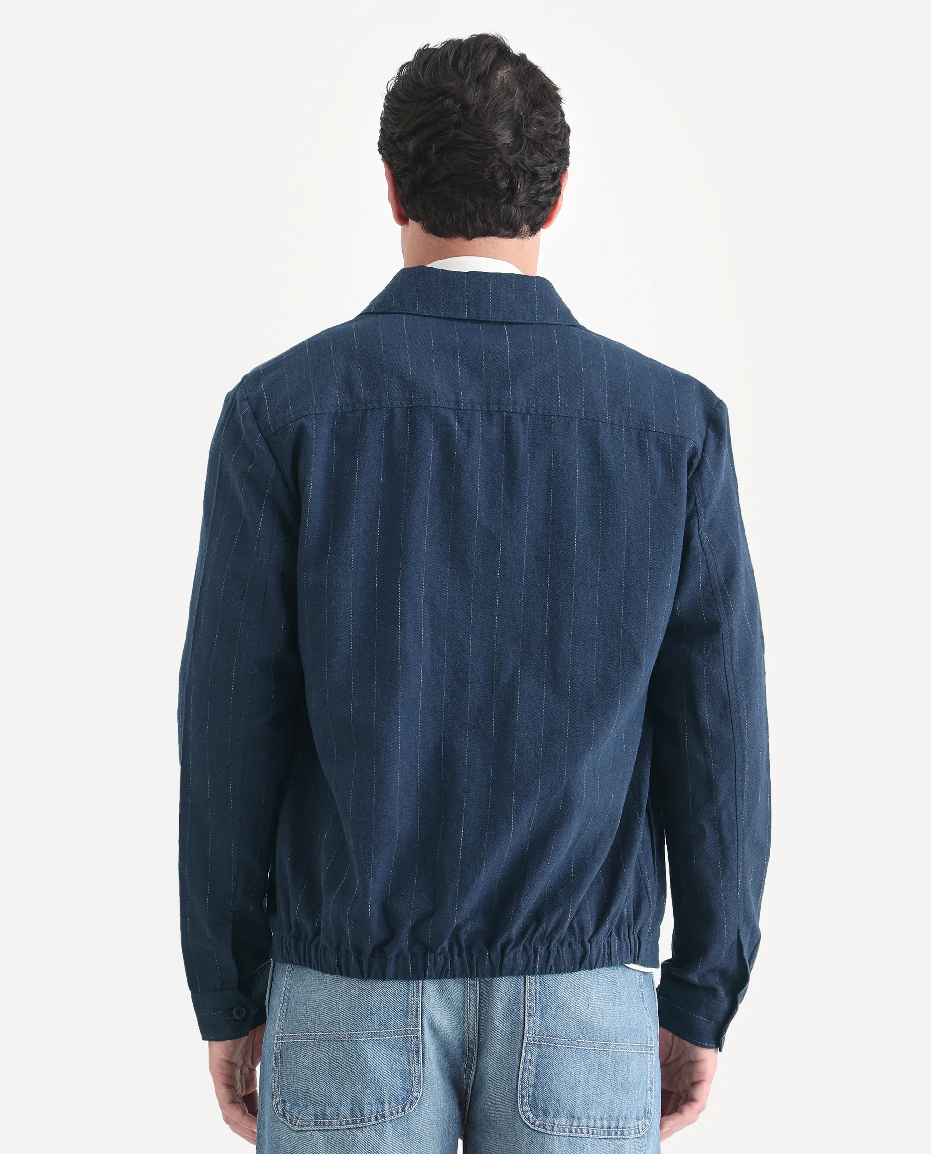 Rare Rabbit Men's Jlo-S-26 Navy Linen Blend Fabric Full Sleeve Collar Regular Fit Striped Shacket - Image 8