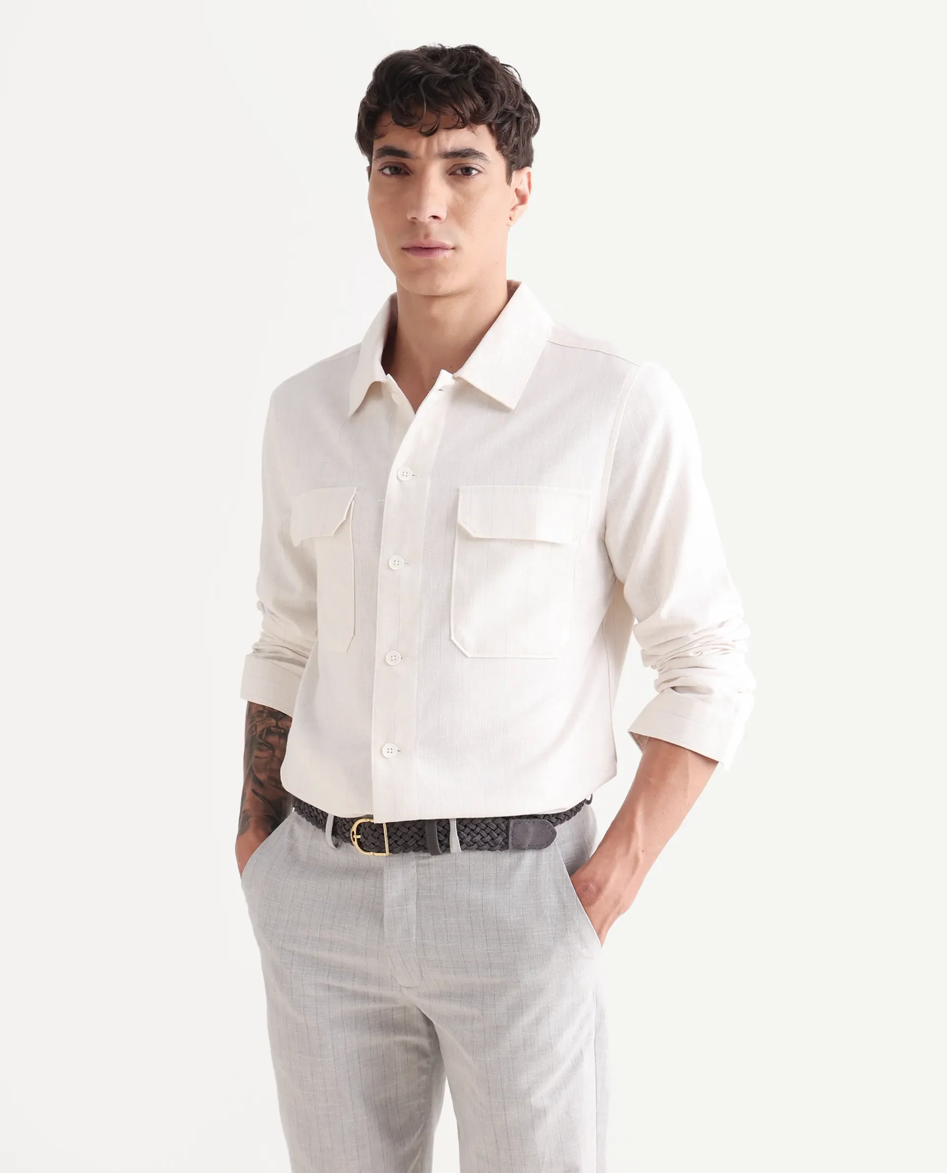 Rare Rabbit Men's Jlo-S Beige Polyester Fabric Full Sleeve Collared Neck Striped Shirt - Image 4