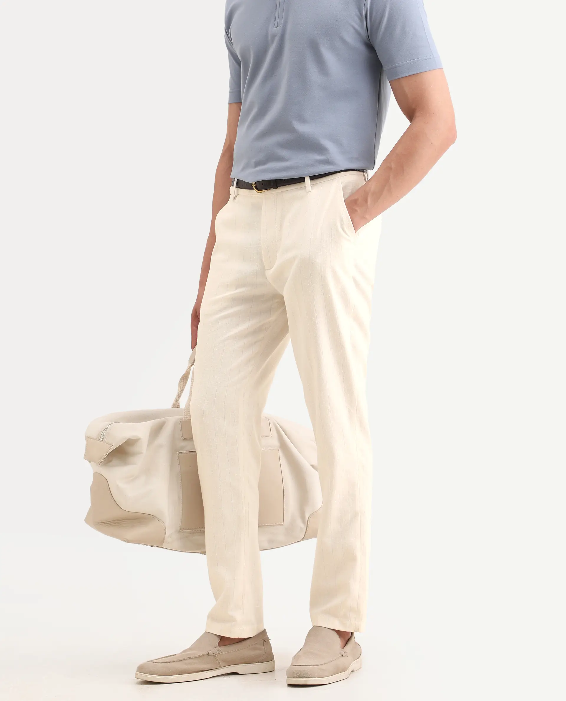 Rare Rabbit Men's Jlo-Ss26 Beige Linen Blend Fabric Regular Fit Striped Trouser - Image 2