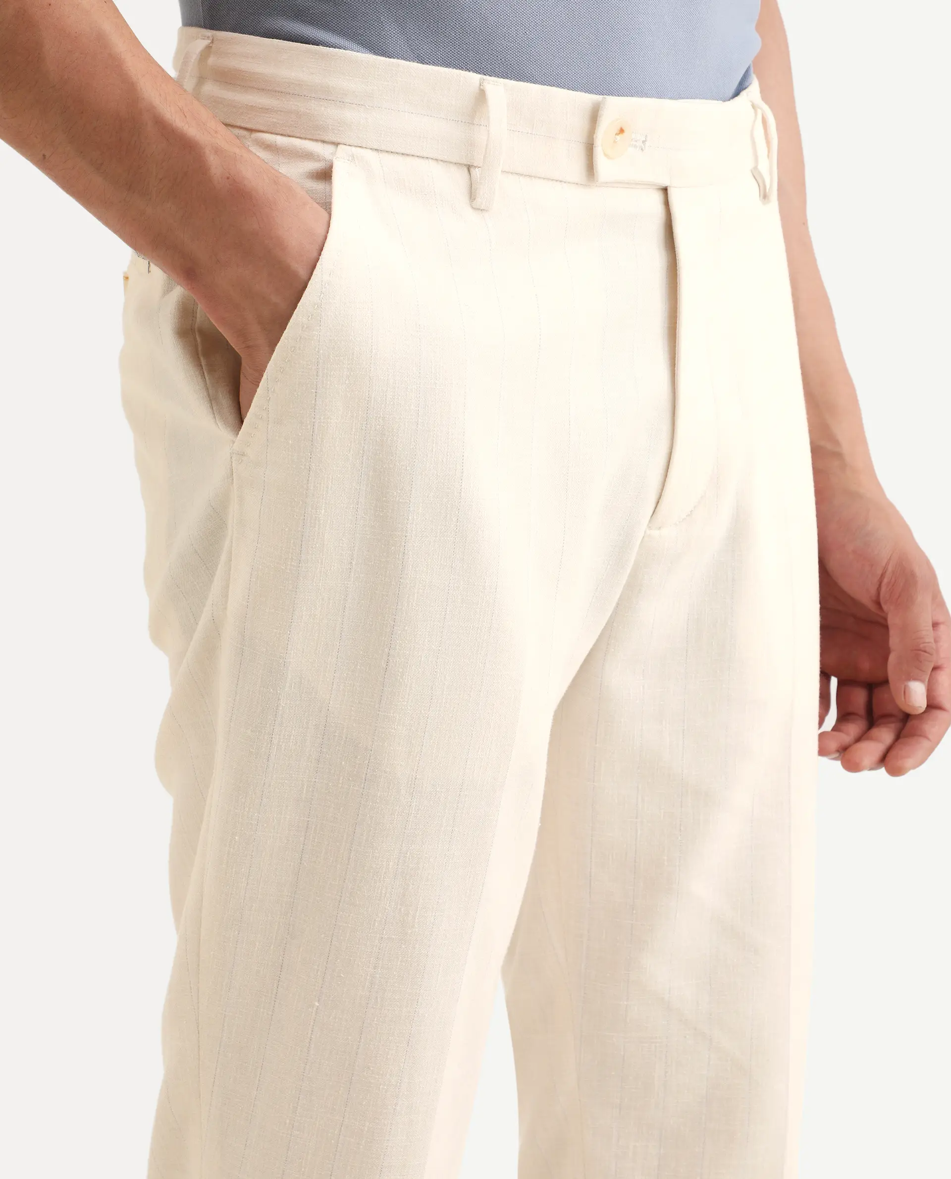 Rare Rabbit Men's Jlo-Ss26 Beige Linen Blend Fabric Regular Fit Striped Trouser - Image 3