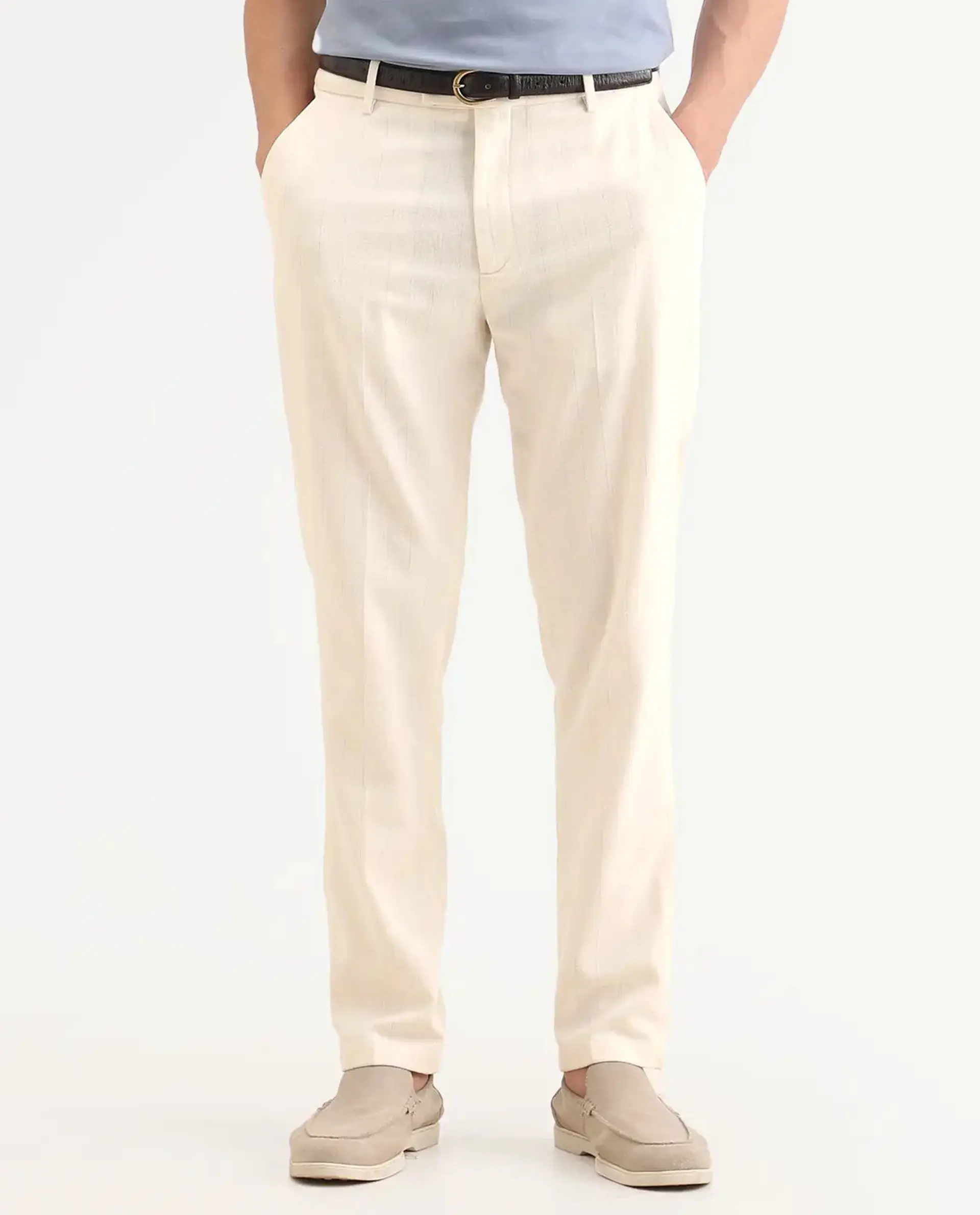 Rare Rabbit Men's Jlo-Ss26 Beige Linen Blend Fabric Regular Fit Striped Trouser - Image 9