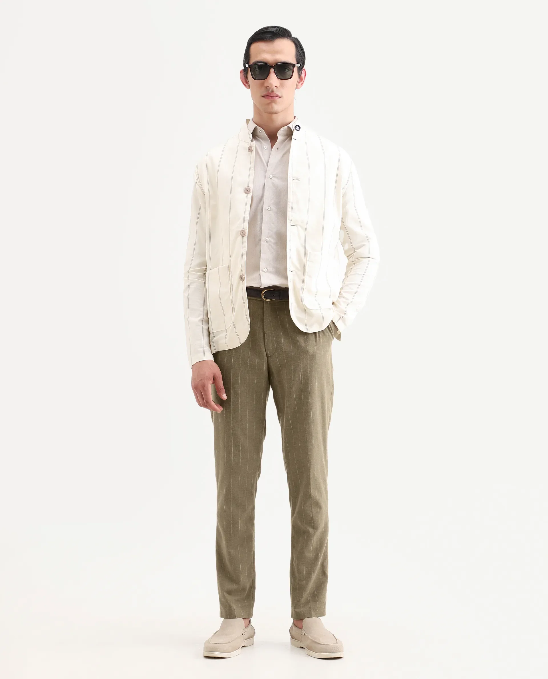 Rare Rabbit Men's Jlo-Ss26 Khaki Linen Blend Fabric Regular Fit Striped Trouser
