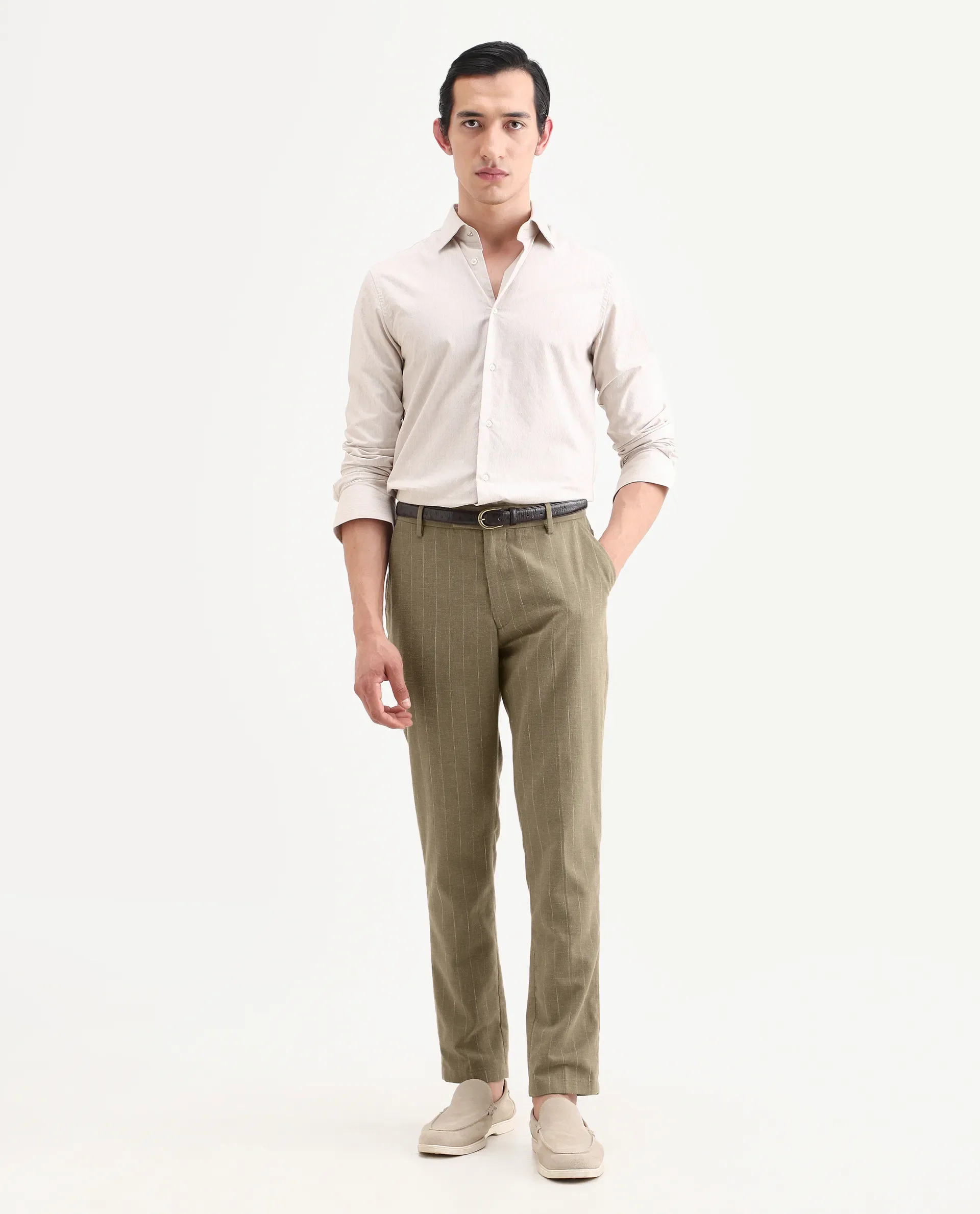 Rare Rabbit Men's Jlo-Ss26 Khaki Linen Blend Fabric Regular Fit Striped Trouser - Image 2