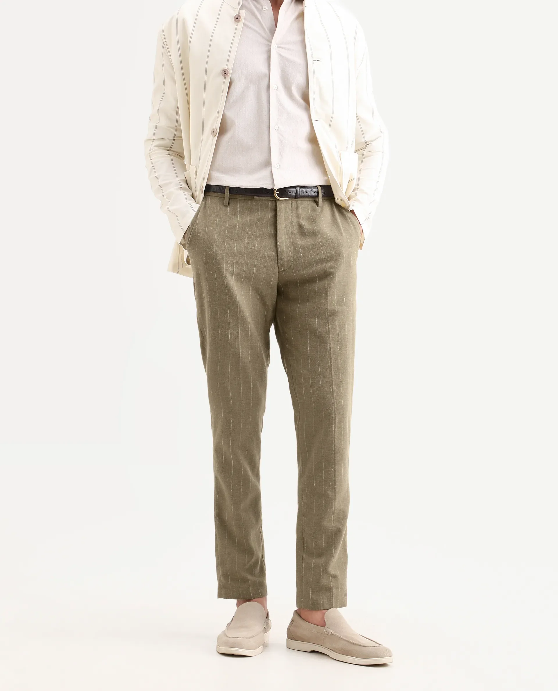Rare Rabbit Men's Jlo-Ss26 Khaki Linen Blend Fabric Regular Fit Striped Trouser - Image 3