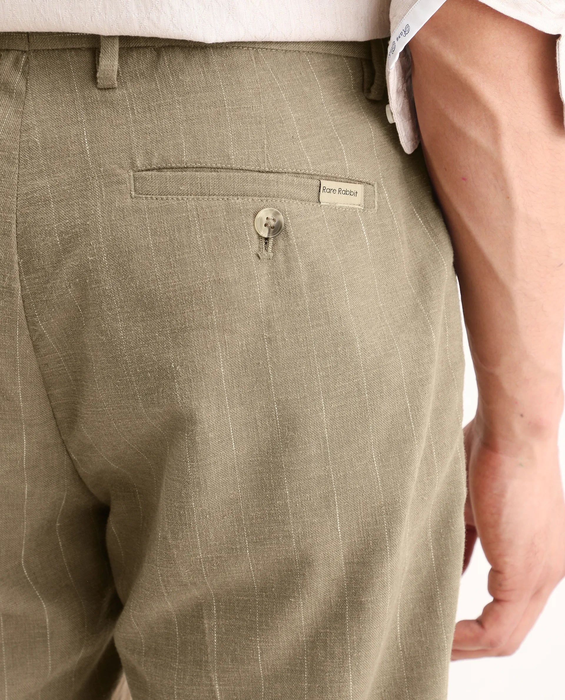 Rare Rabbit Men's Jlo-Ss26 Khaki Linen Blend Fabric Regular Fit Striped Trouser - Image 5