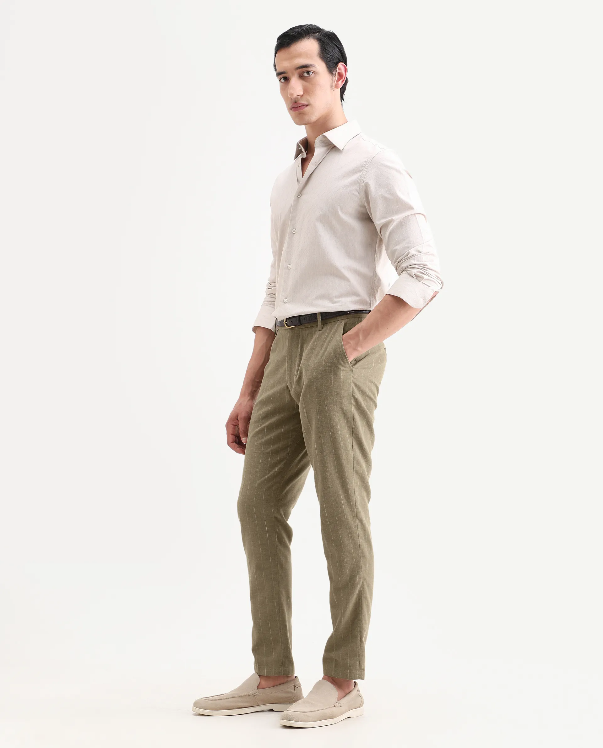 Rare Rabbit Men's Jlo-Ss26 Khaki Linen Blend Fabric Regular Fit Striped Trouser - Image 6