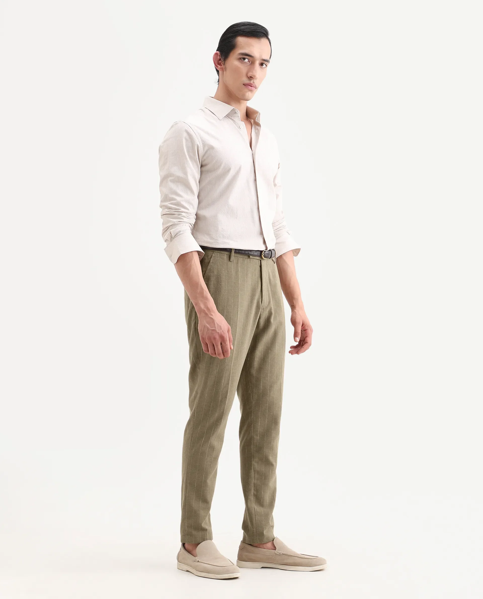 Rare Rabbit Men's Jlo-Ss26 Khaki Linen Blend Fabric Regular Fit Striped Trouser - Image 7