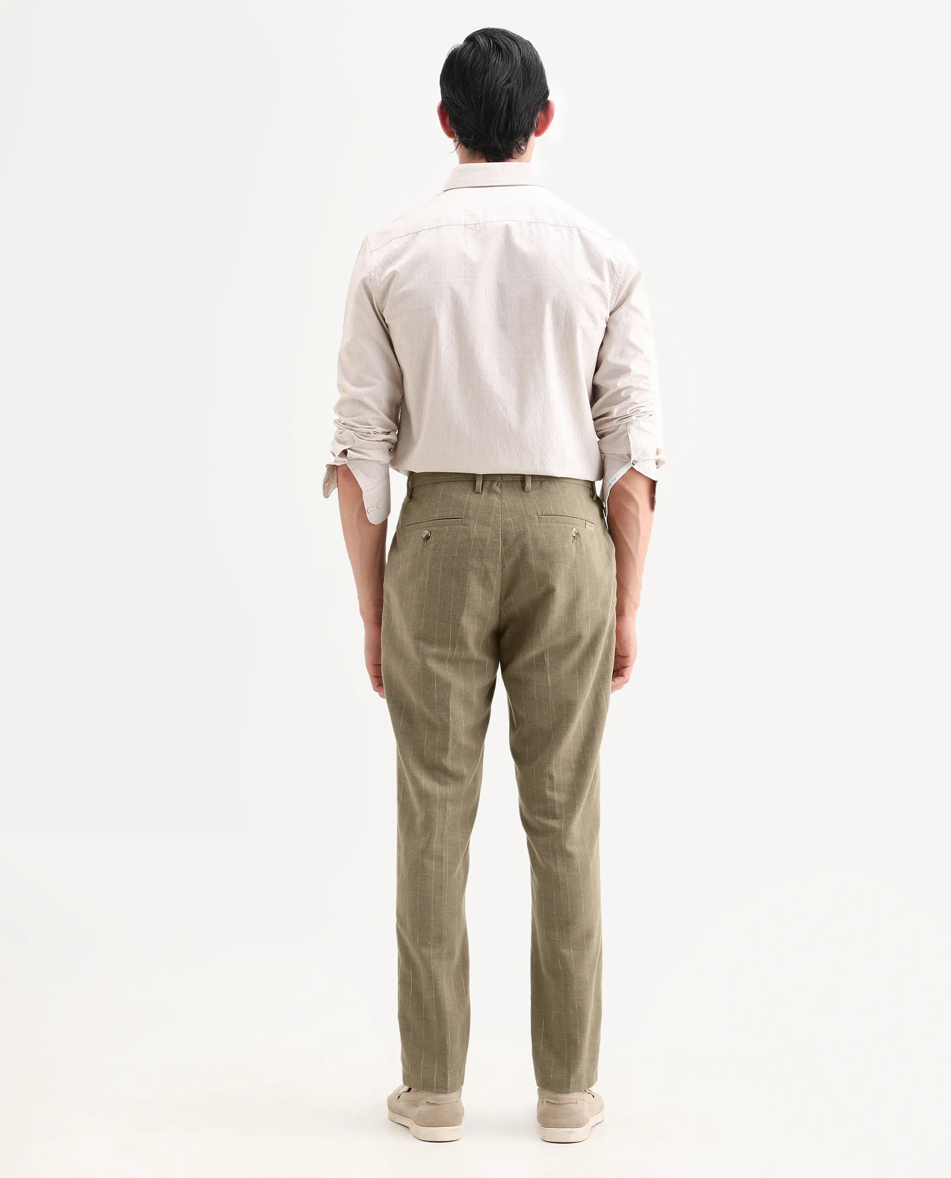 Rare Rabbit Men's Jlo-Ss26 Khaki Linen Blend Fabric Regular Fit Striped Trouser - Image 8