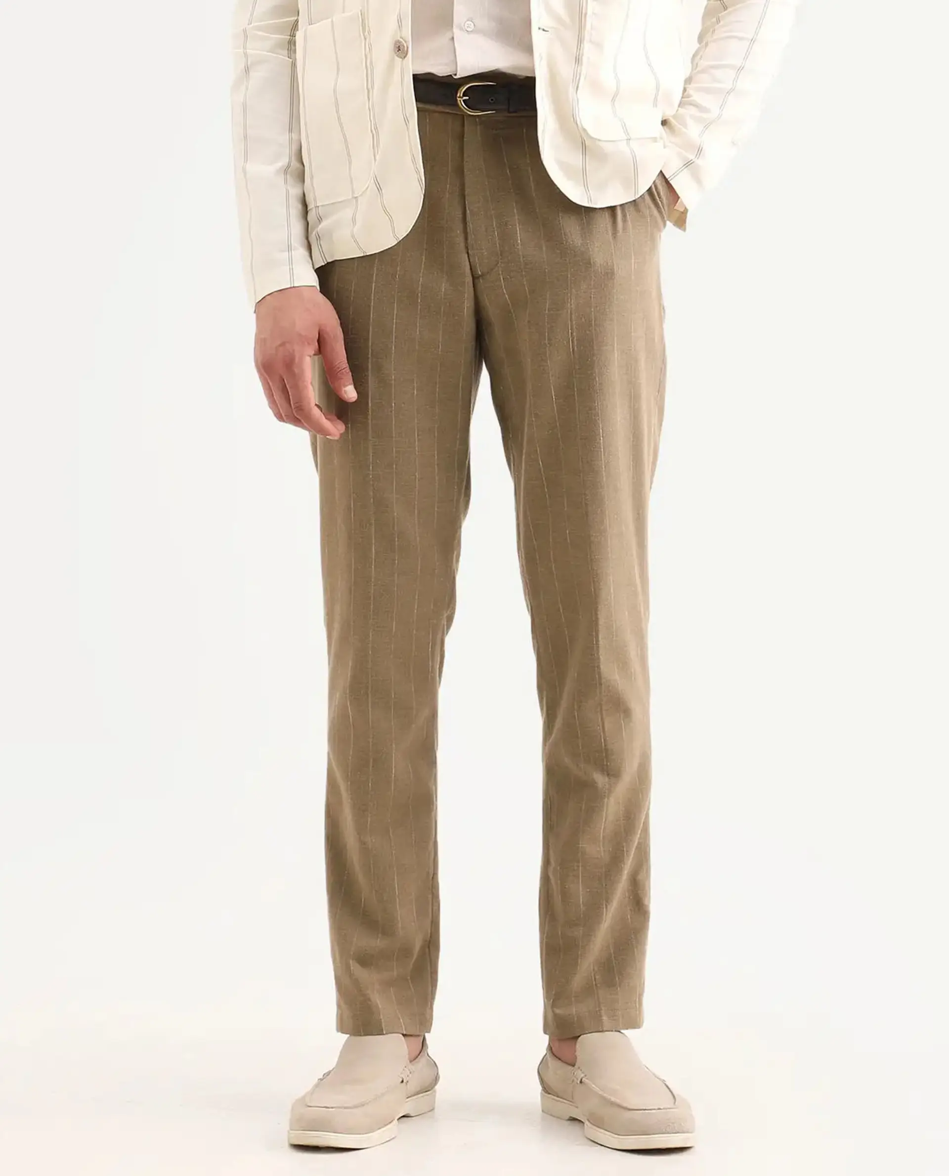 Rare Rabbit Men's Jlo-Ss26 Khaki Linen Blend Fabric Regular Fit Striped Trouser - Image 9