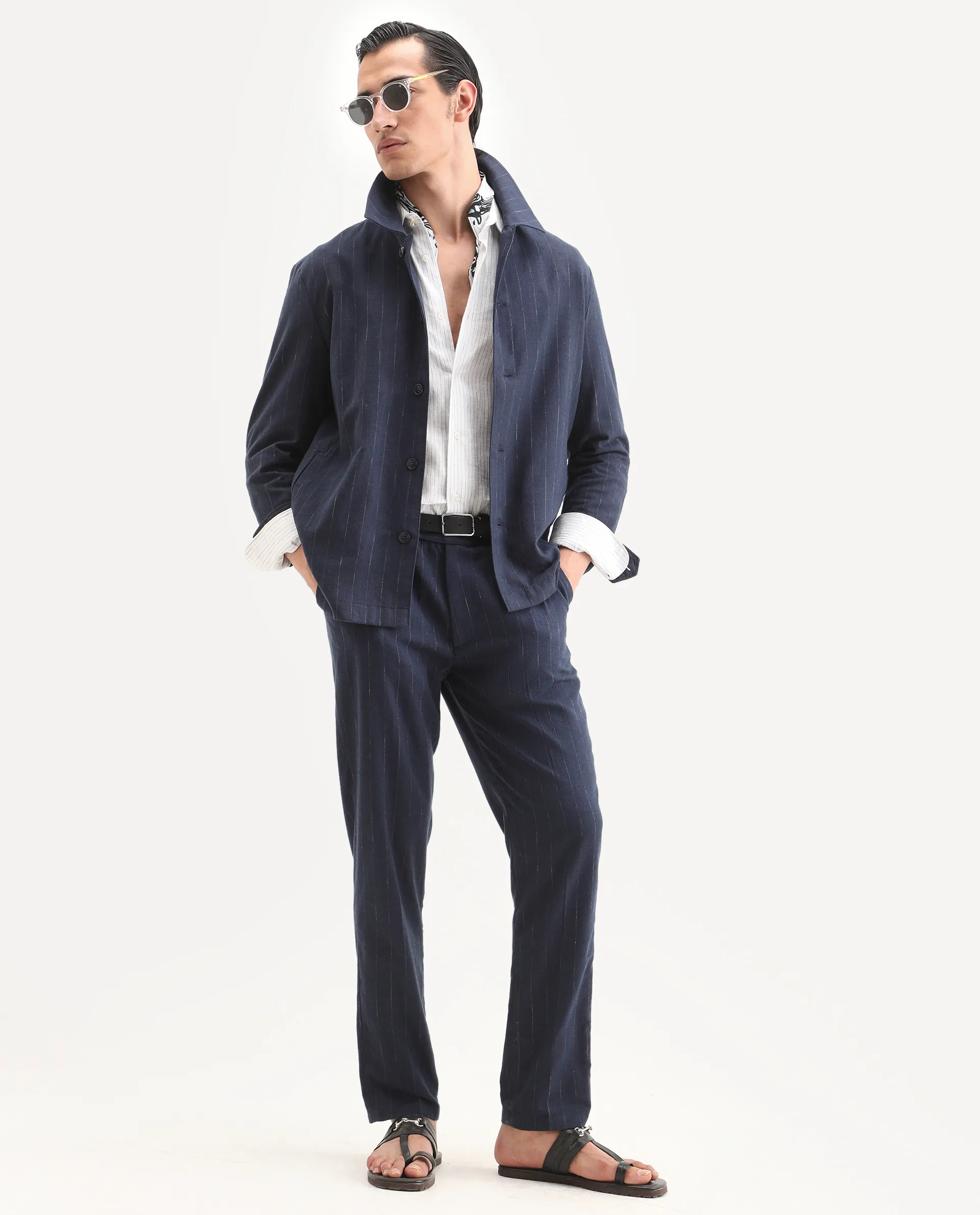 Rare Rabbit Men's Jlo-Ss26 Navy Linen Blend Fabric Regular Fit Striped Trouser