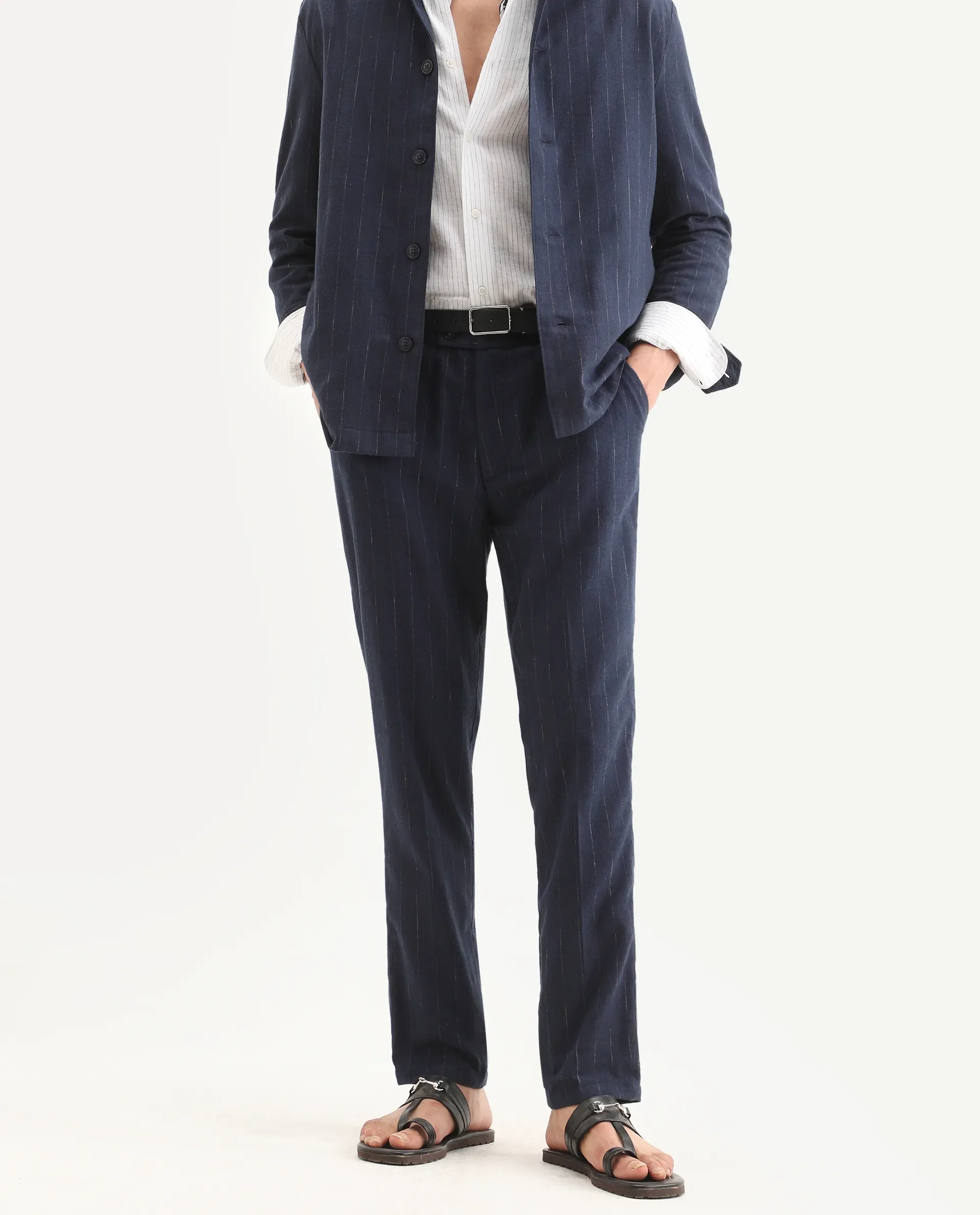 Rare Rabbit Men's Jlo-Ss26 Navy Linen Blend Fabric Regular Fit Striped Trouser - Image 2