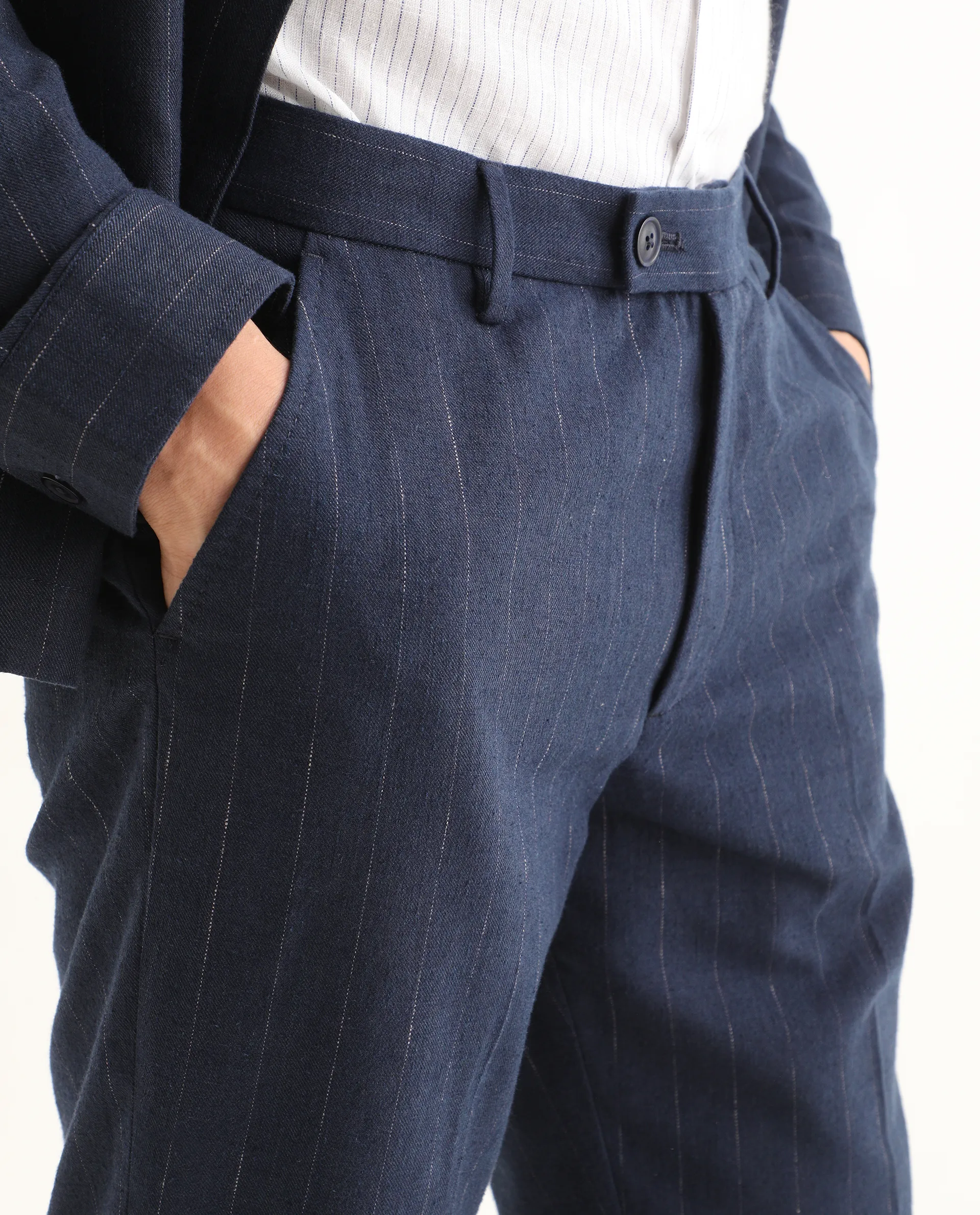 Rare Rabbit Men's Jlo-Ss26 Navy Linen Blend Fabric Regular Fit Striped Trouser - Image 3
