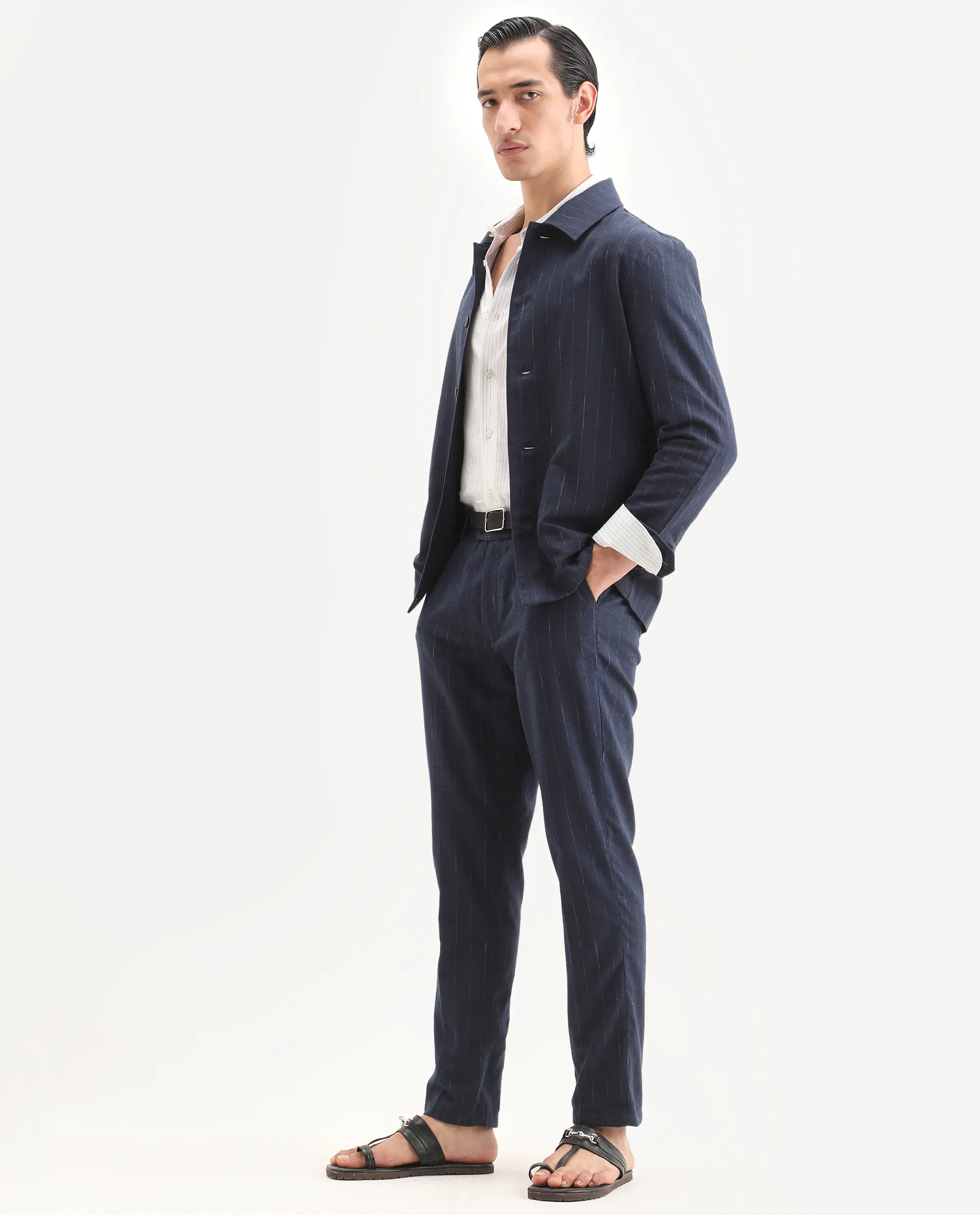 Rare Rabbit Men's Jlo-Ss26 Navy Linen Blend Fabric Regular Fit Striped Trouser - Image 4