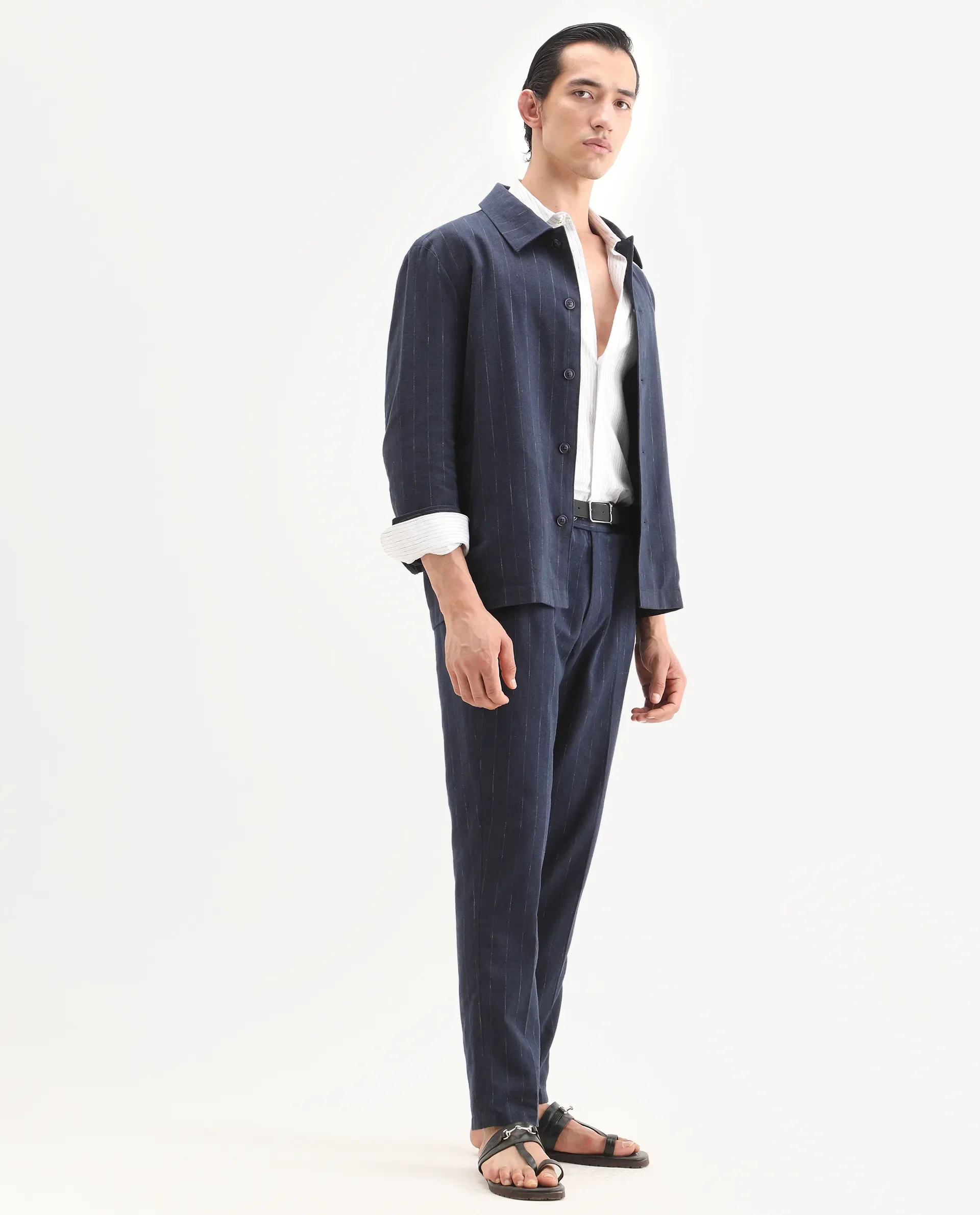 Rare Rabbit Men's Jlo-Ss26 Navy Linen Blend Fabric Regular Fit Striped Trouser - Image 5