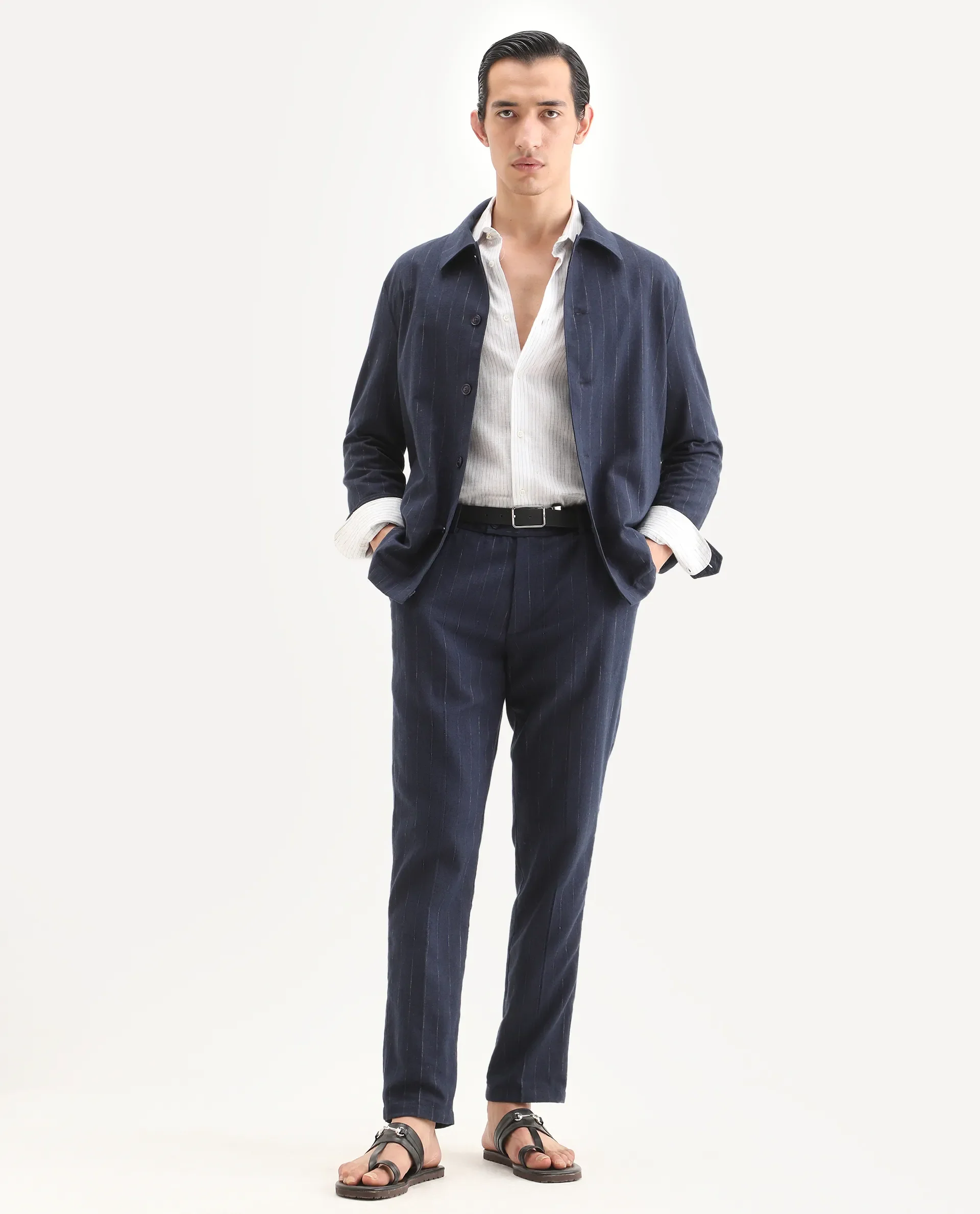 Rare Rabbit Men's Jlo-Ss26 Navy Linen Blend Fabric Regular Fit Striped Trouser - Image 6