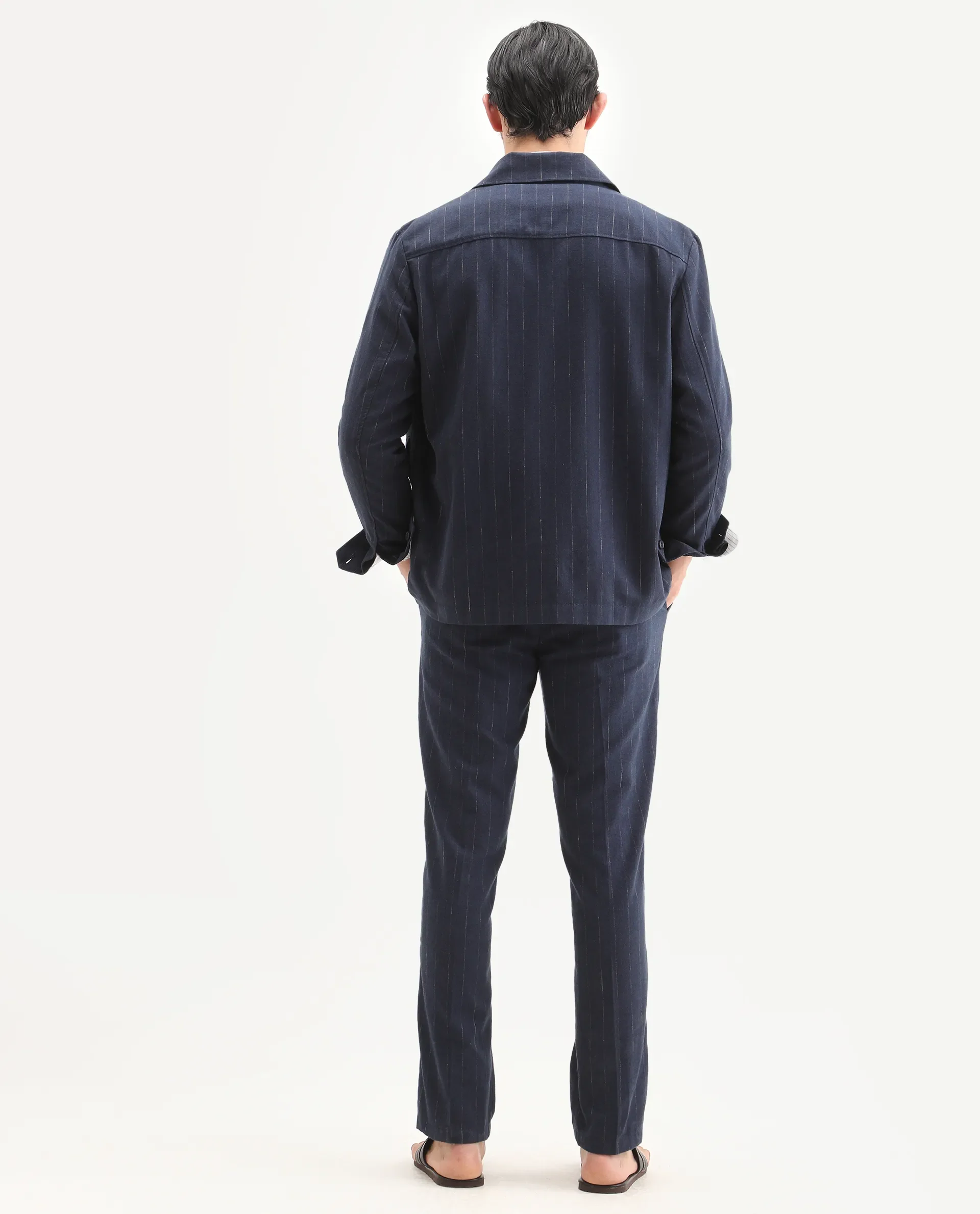 Rare Rabbit Men's Jlo-Ss26 Navy Linen Blend Fabric Regular Fit Striped Trouser - Image 7