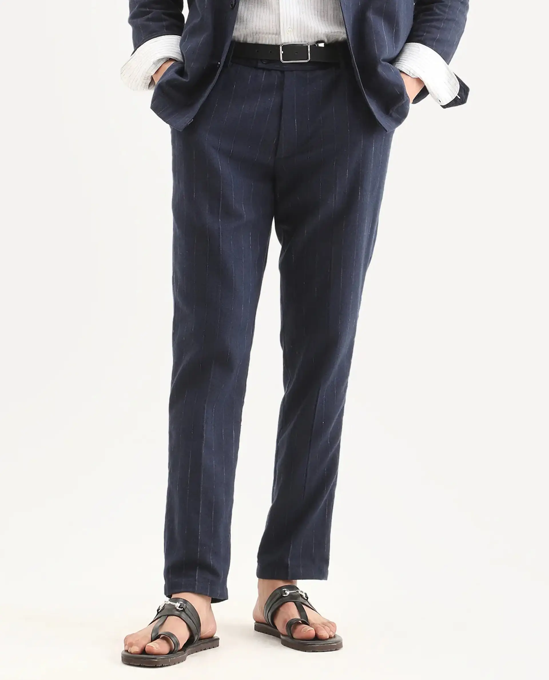 Rare Rabbit Men's Jlo-Ss26 Navy Linen Blend Fabric Regular Fit Striped Trouser - Image 8