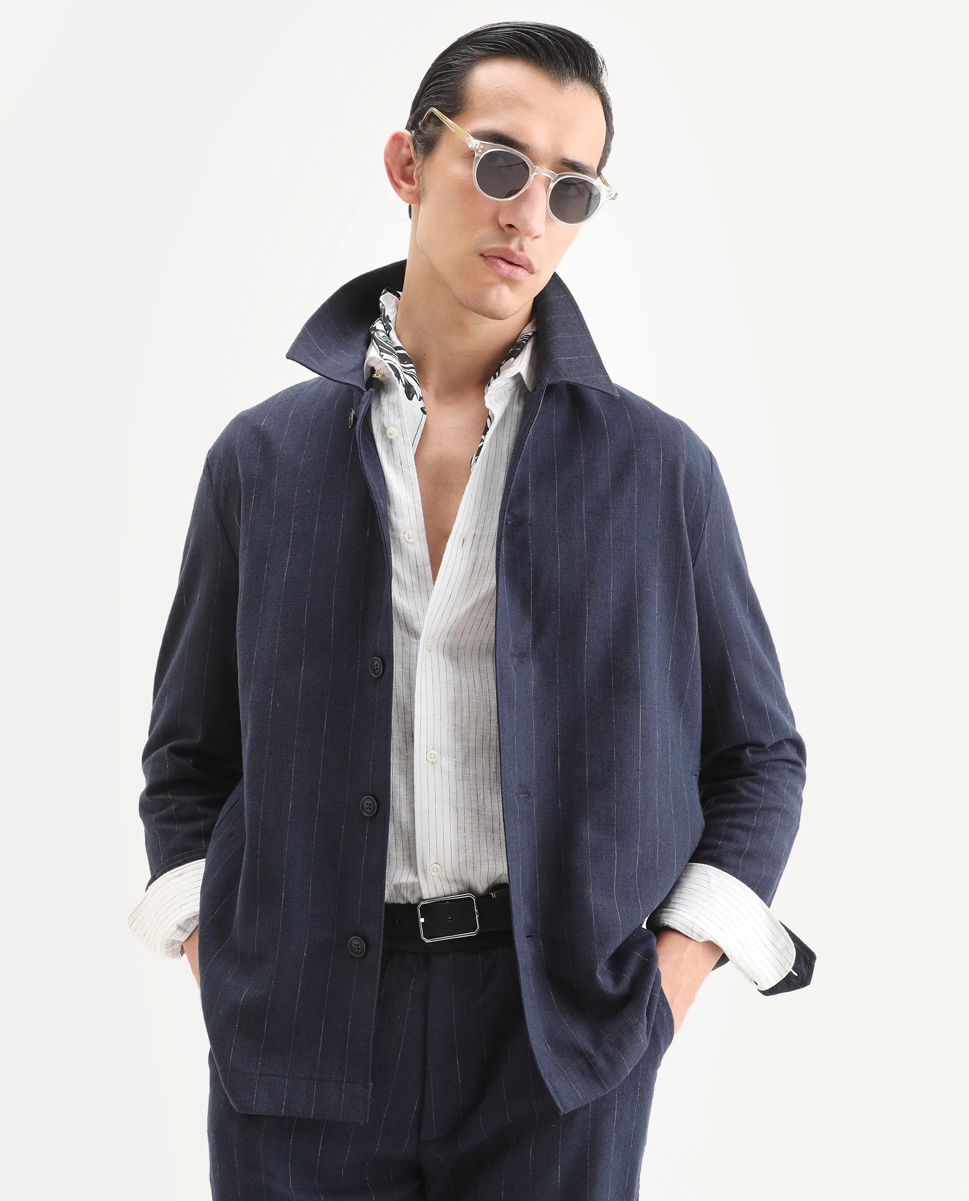 Rare Rabbit Men's Jlo-T Blue Polyester Fabric Full Sleeve Collared Neck Regular Fit Striped Shirt