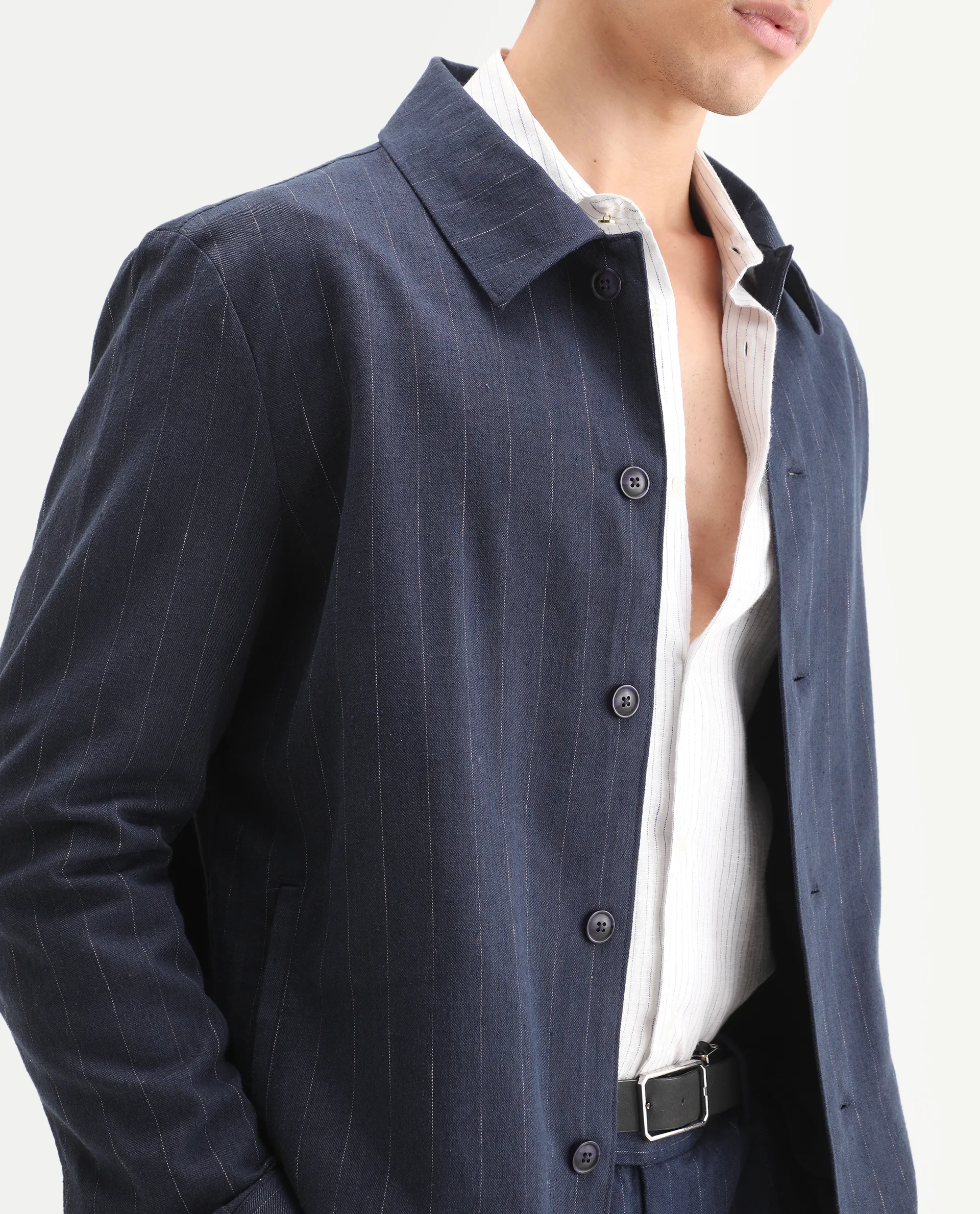 Rare Rabbit Men's Jlo-T Blue Polyester Fabric Full Sleeve Collared Neck Regular Fit Striped Shirt - Image 3