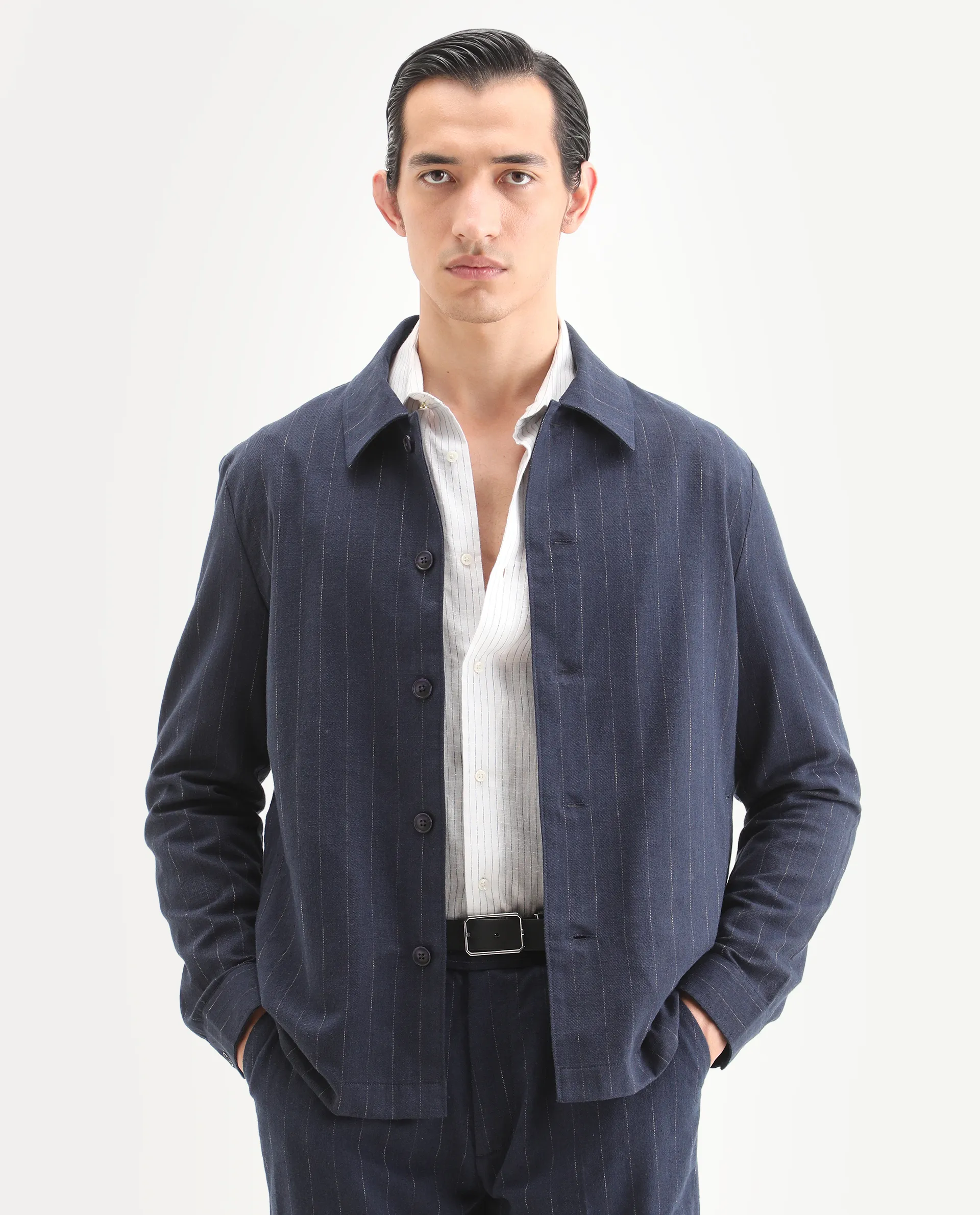 Rare Rabbit Men's Jlo-T Blue Polyester Fabric Full Sleeve Collared Neck Regular Fit Striped Shirt - Image 4