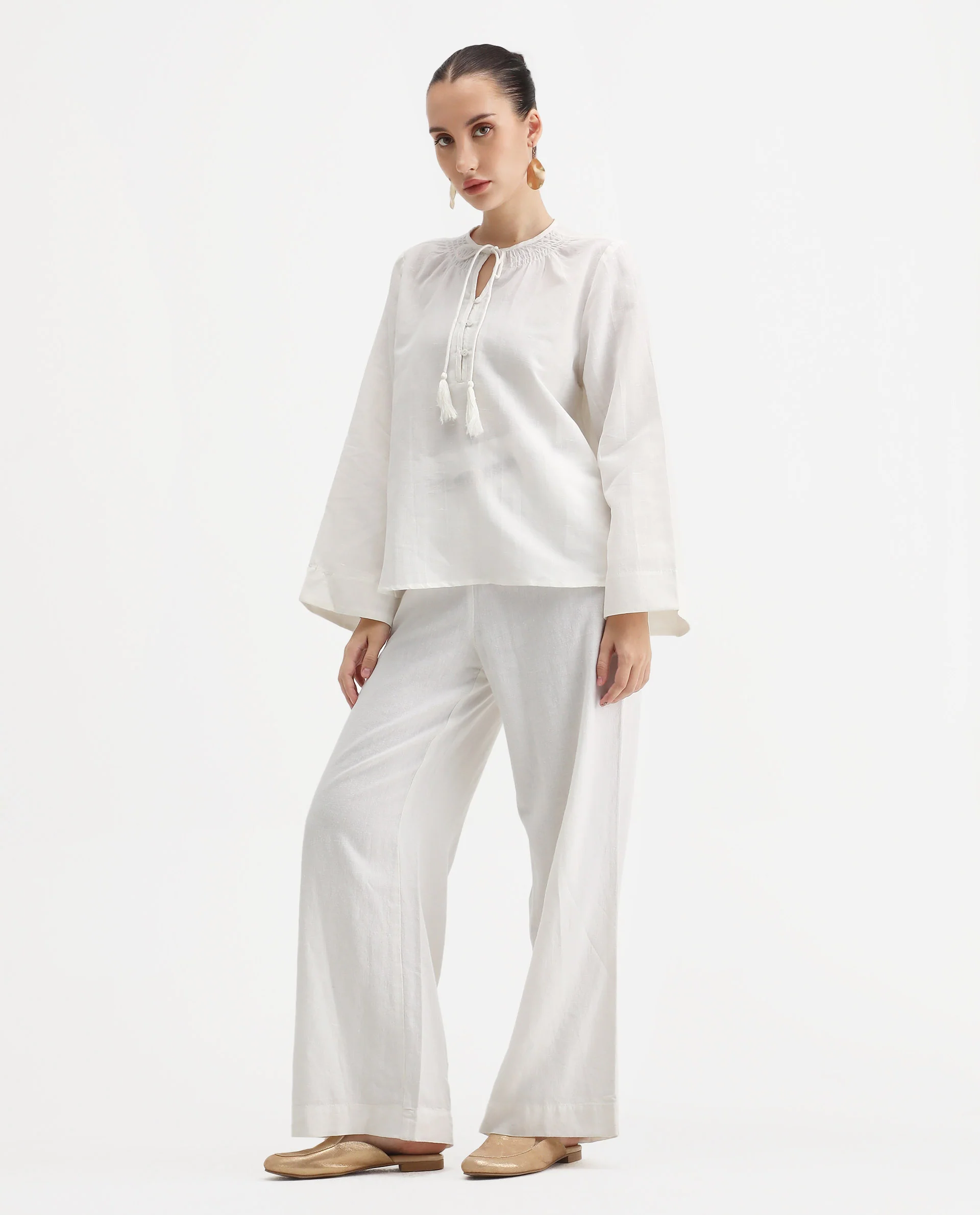 Rareism Women's Joan Light White Tie-Up Neck Plain Relaxed Fit Top